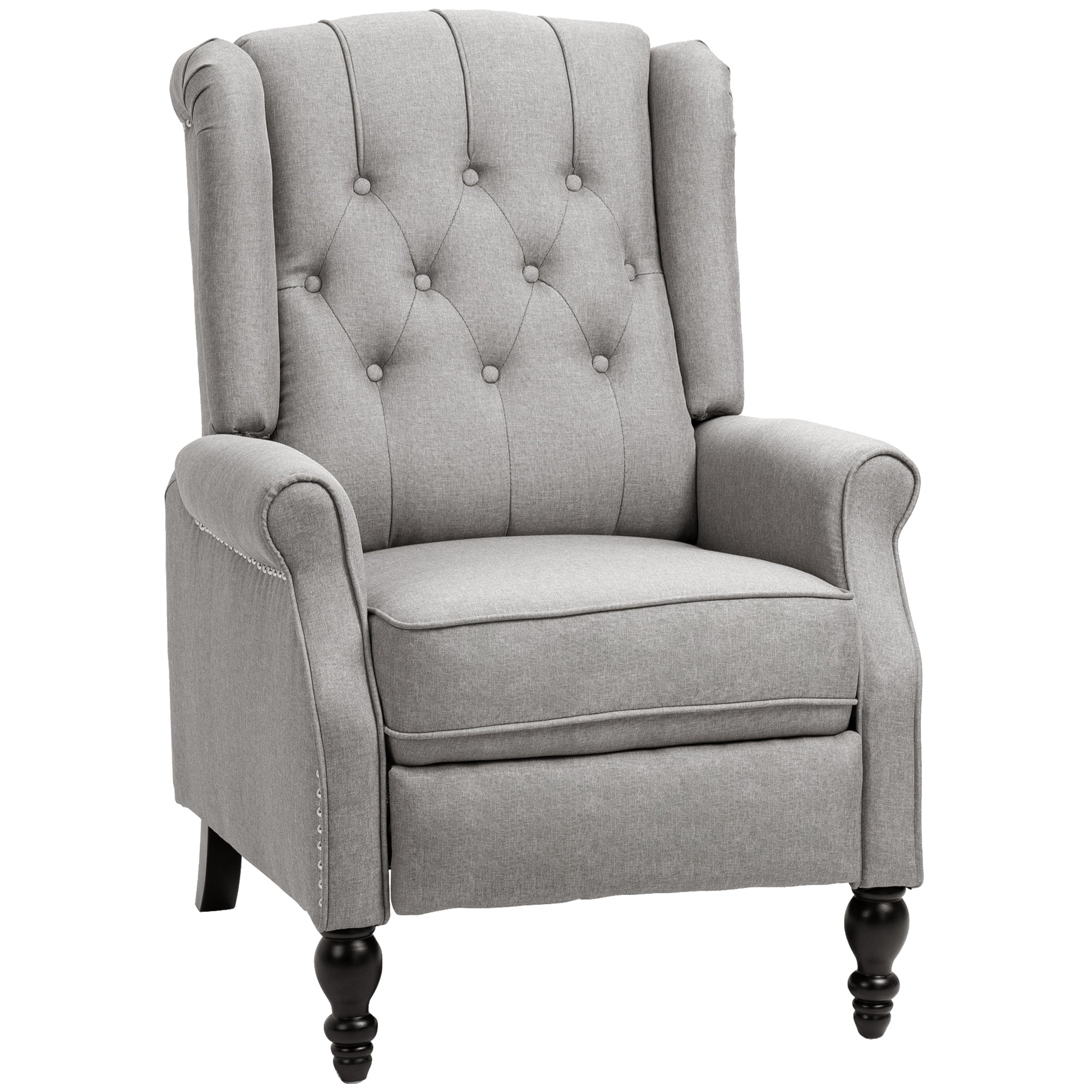 HOMCOM Push Back Recliner Chair, Fabric Reclining Chair, Tufted Wingback Chair with Nail Head Trim, Footrest, Solid Wood Legs for Living Room, Light Grey