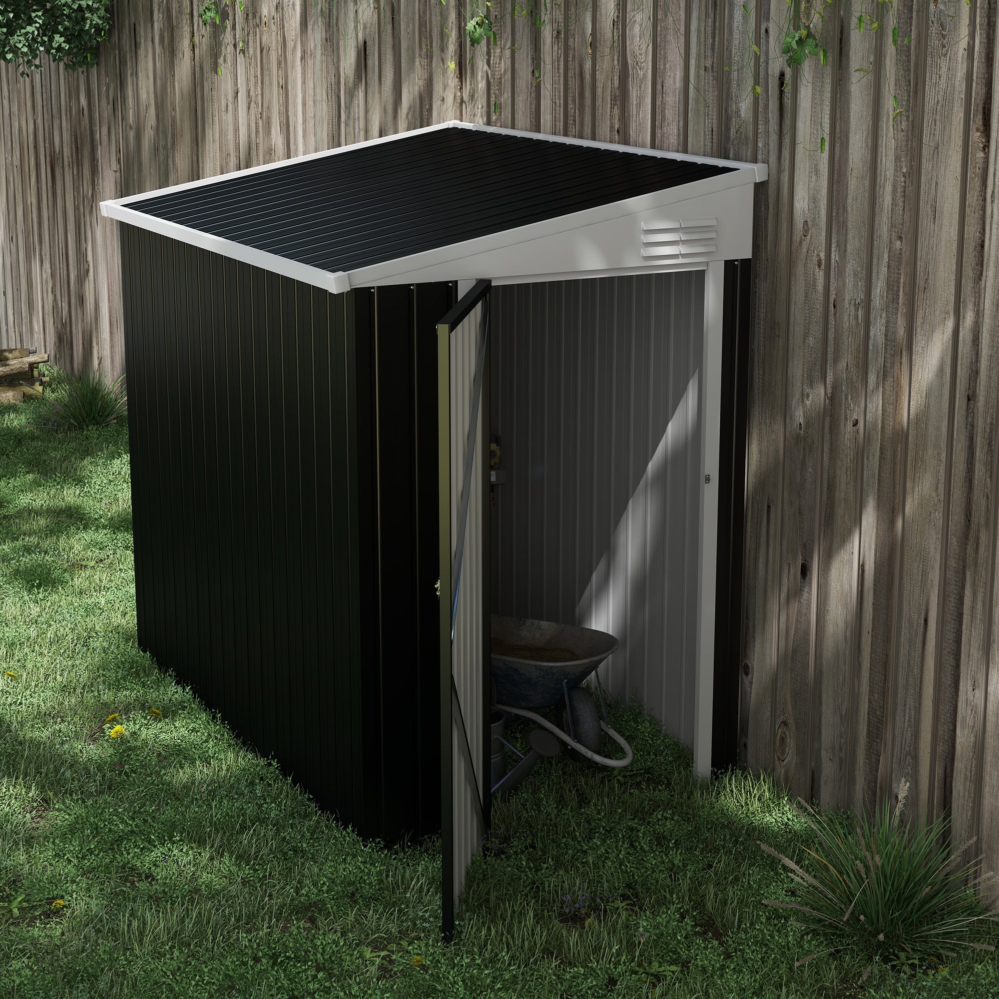 Outsunny 4' x 6' Steel Garden Storage Shed Lean to Shed Outdoor Metal Tool House with Lockable Door and 2 Air Vents for Backyard, Patio, Lawn, Dark Grey