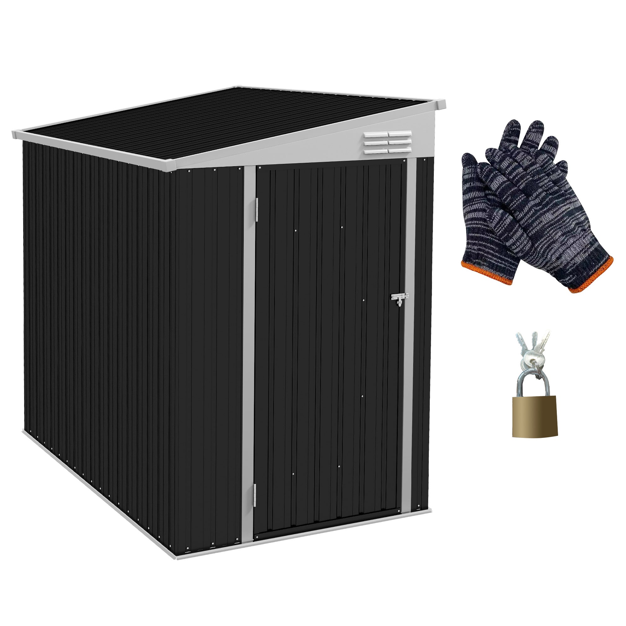 Outsunny 4' x 6' Steel Garden Storage Shed Lean to Shed Outdoor Metal Tool House with Lockable Door and 2 Air Vents for Backyard, Patio, Lawn, Dark Grey