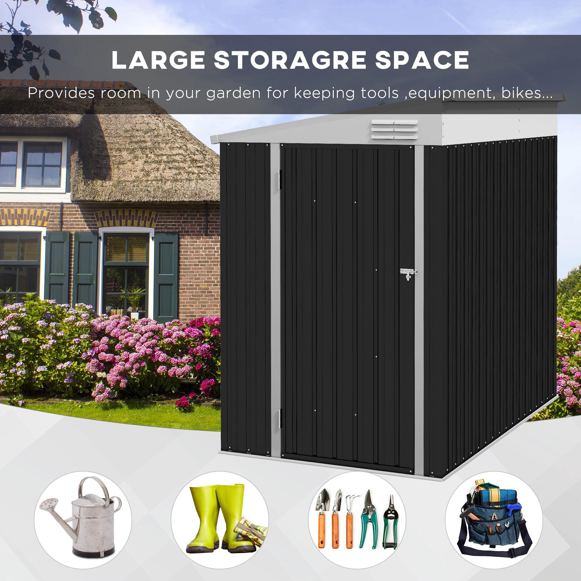 Outsunny 4' x 6' Steel Garden Storage Shed Lean to Shed Outdoor Metal Tool House with Lockable Door and 2 Air Vents for Backyard, Patio, Lawn, Dark Grey