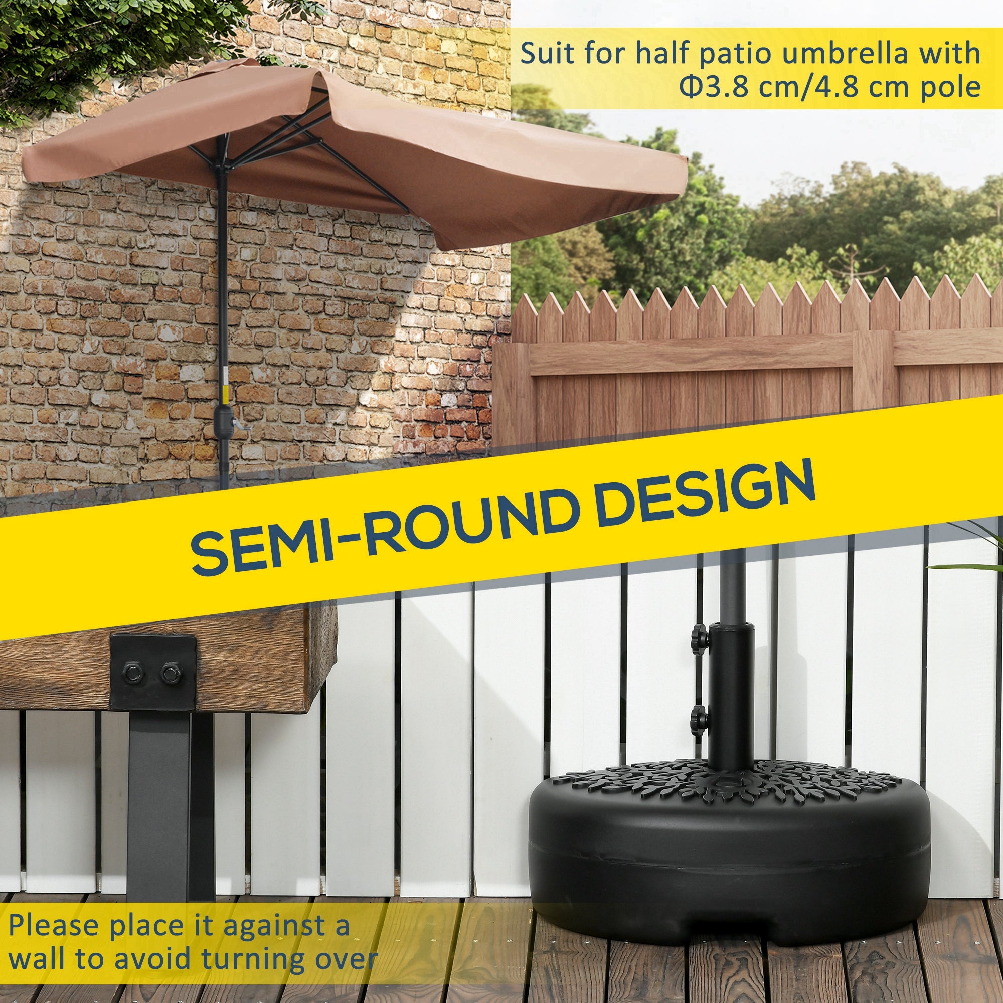 Outsunny Half Round Umbrella Base, Sand or Water Filled Half Patio Umbrella Stand Holder for Lawn, Deck, 40lb Capacity Water or 46lb Capacity Sand, Fit 1.5"or 2" Pole, Black