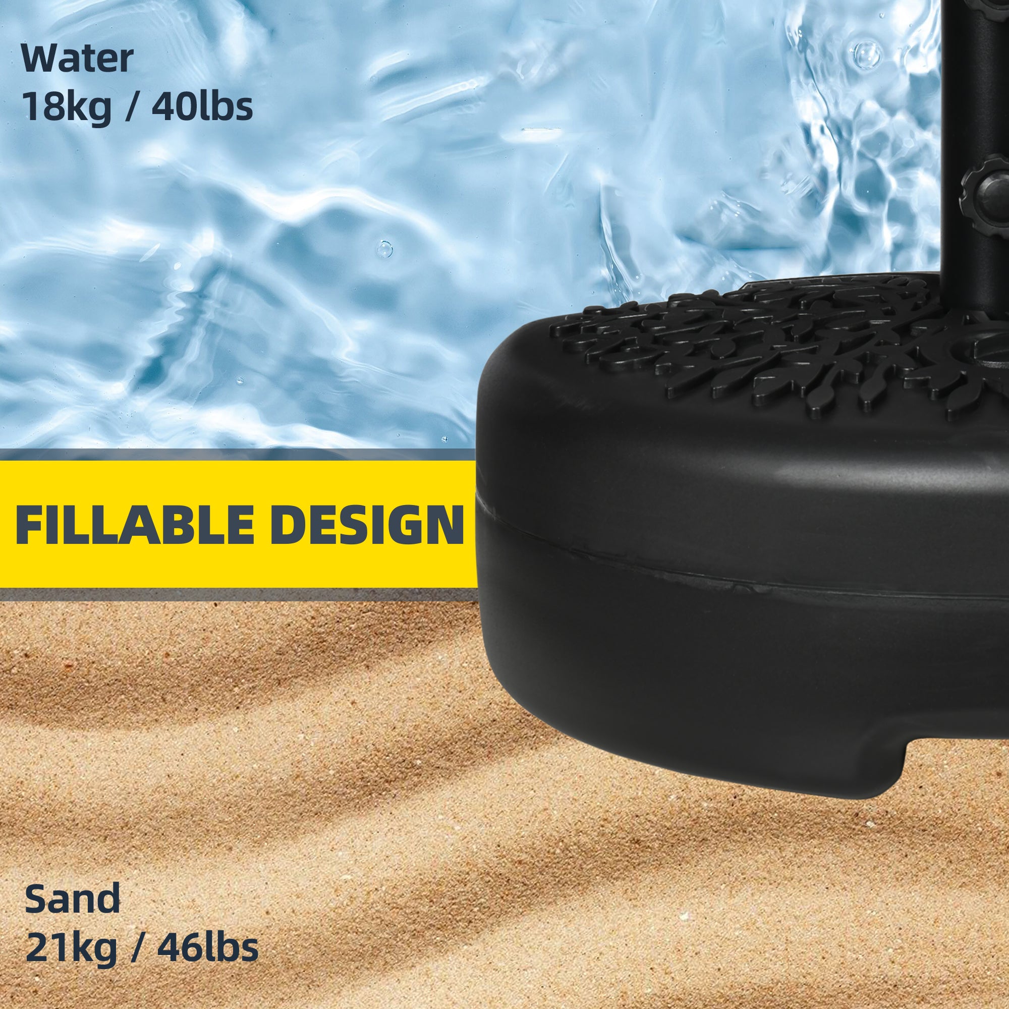 Outsunny Half Round Umbrella Base, Sand or Water Filled Half Patio Umbrella Stand Holder for Lawn, Deck, 40lb Capacity Water or 46lb Capacity Sand, Fit 1.5"or 2" Pole, Black