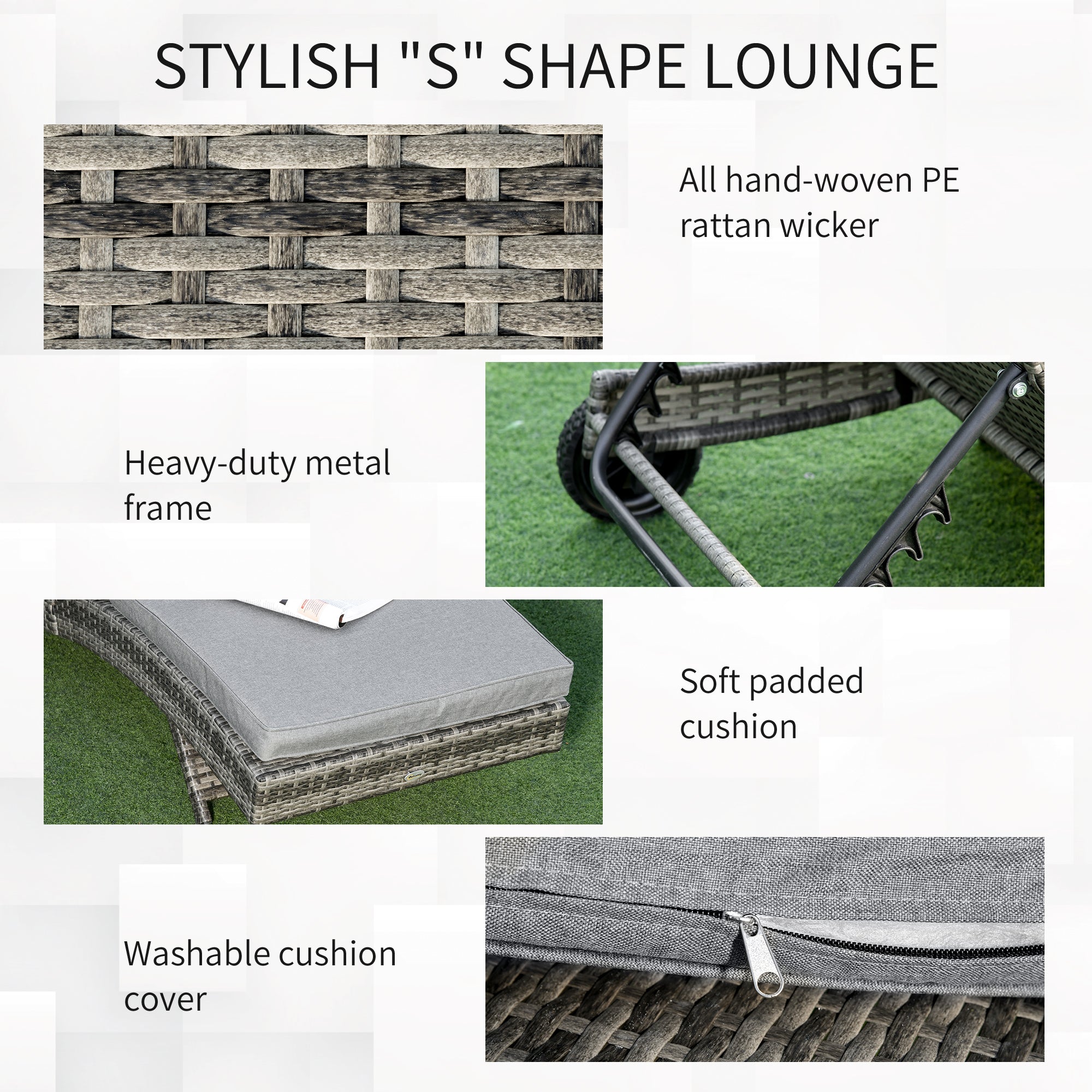 Outsunny Wicker Chaise Lounge, Outdoor Lounge Chair, 5-Level Adjustable Backrest S-Shape Rattan Lounger with Cushion & Wheels for Patio, Deck, Poolside, Grey