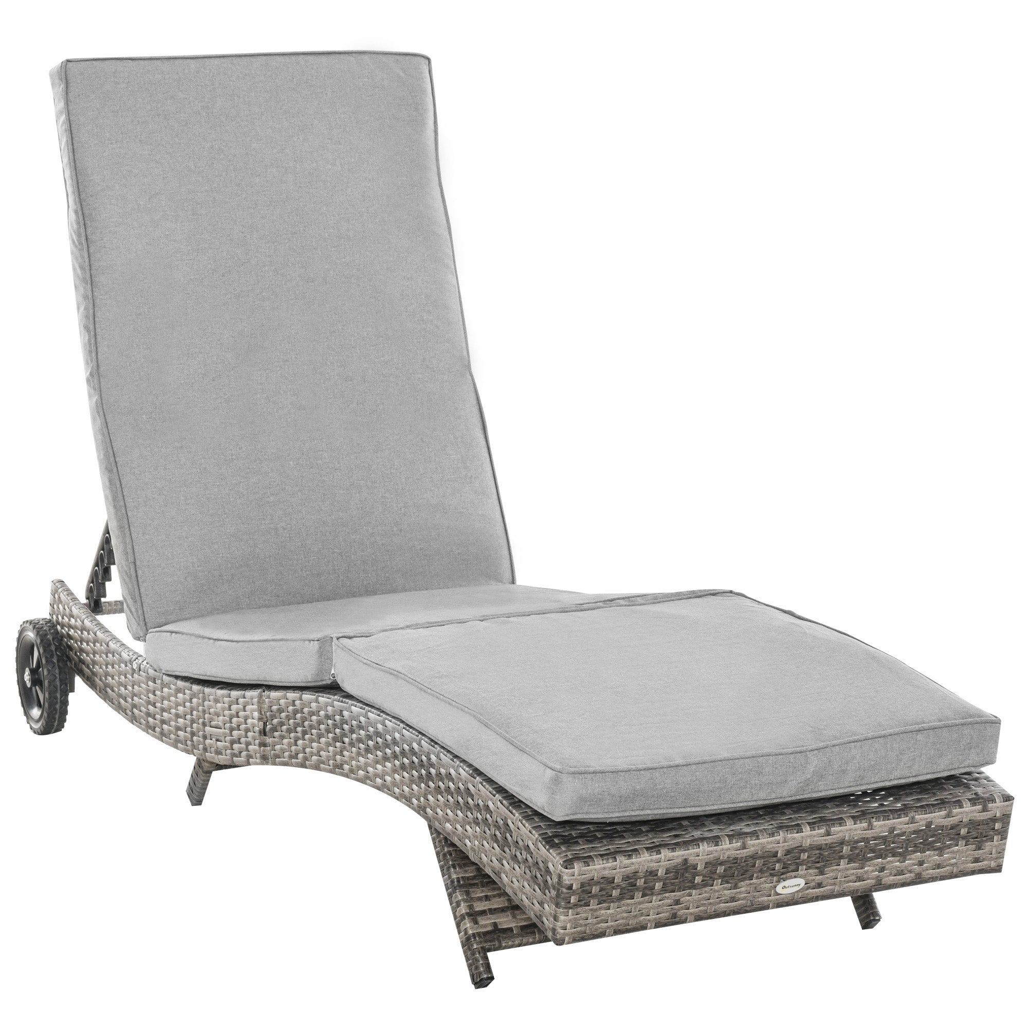 Outsunny Wicker Chaise Lounge, Outdoor Lounge Chair, 5-Level Adjustable Backrest S-Shape Rattan Lounger with Cushion & Wheels for Patio, Deck, Poolside, Grey