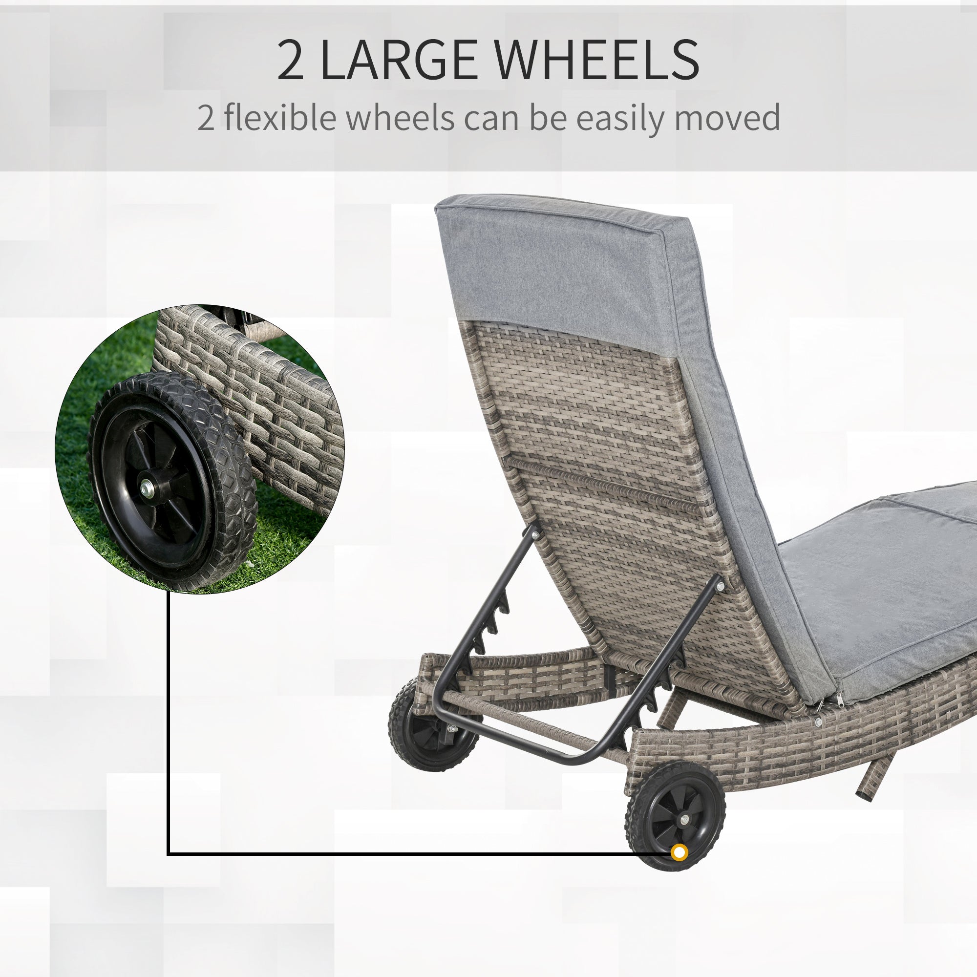 Outsunny Wicker Chaise Lounge, Outdoor Lounge Chair, 5-Level Adjustable Backrest S-Shape Rattan Lounger with Cushion & Wheels for Patio, Deck, Poolside, Grey