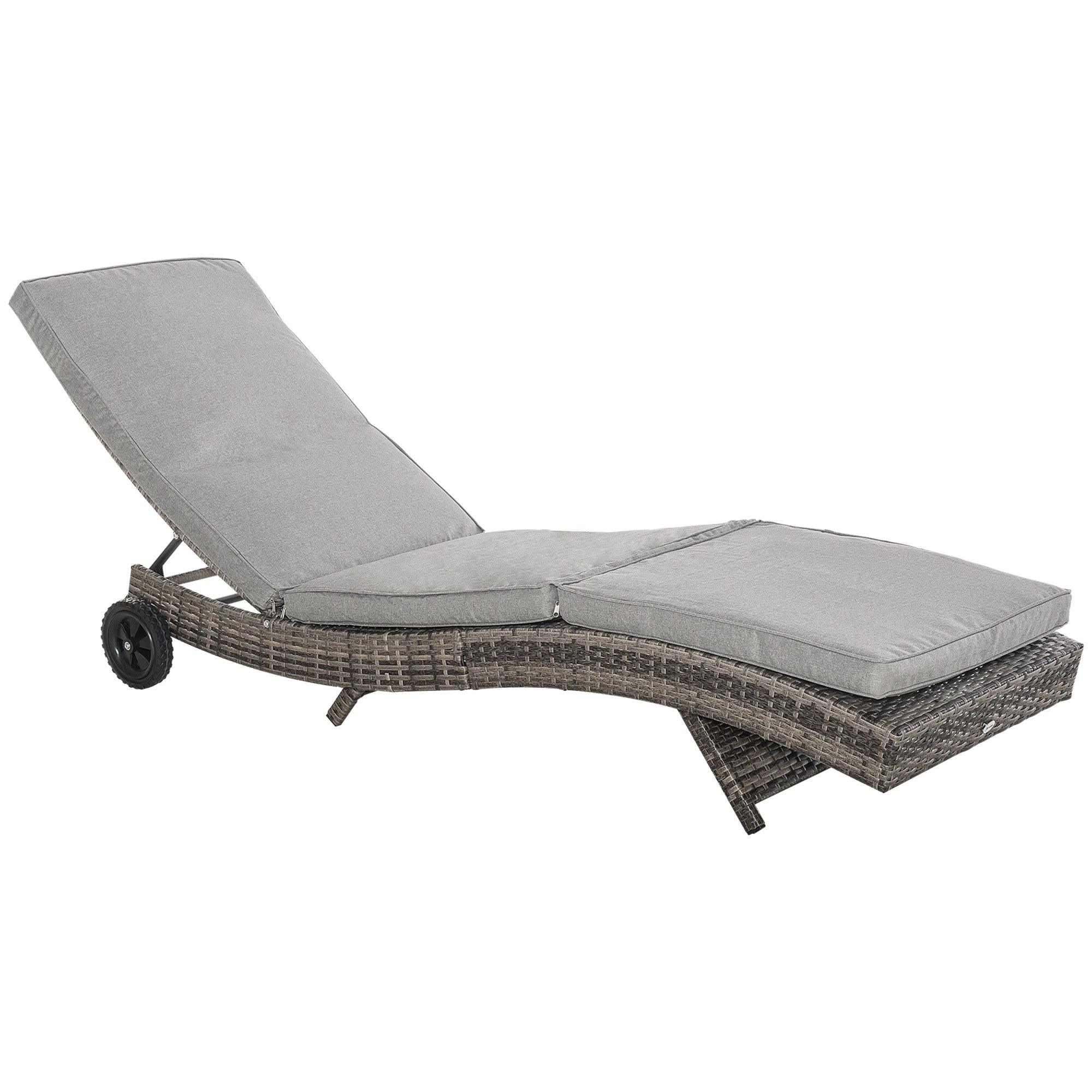 Outsunny Wicker Chaise Lounge, Outdoor Lounge Chair, 5-Level Adjustable Backrest S-Shape Rattan Lounger with Cushion & Wheels for Patio, Deck, Poolside, Grey