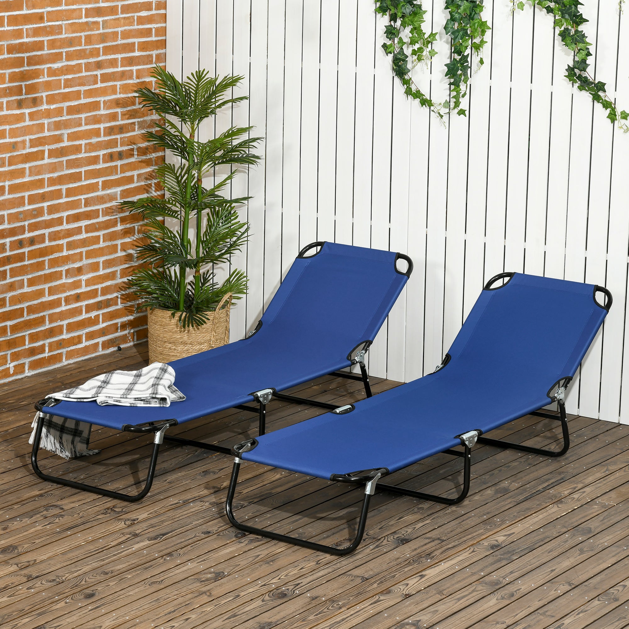 Outsunny Folding Outdoor Lounge Chair Set of 2, Steel Poolside Sun Tanning Chairs with 5 Level Reclining Back and Breathable Mesh for Beach, Yard, Patio, Blue