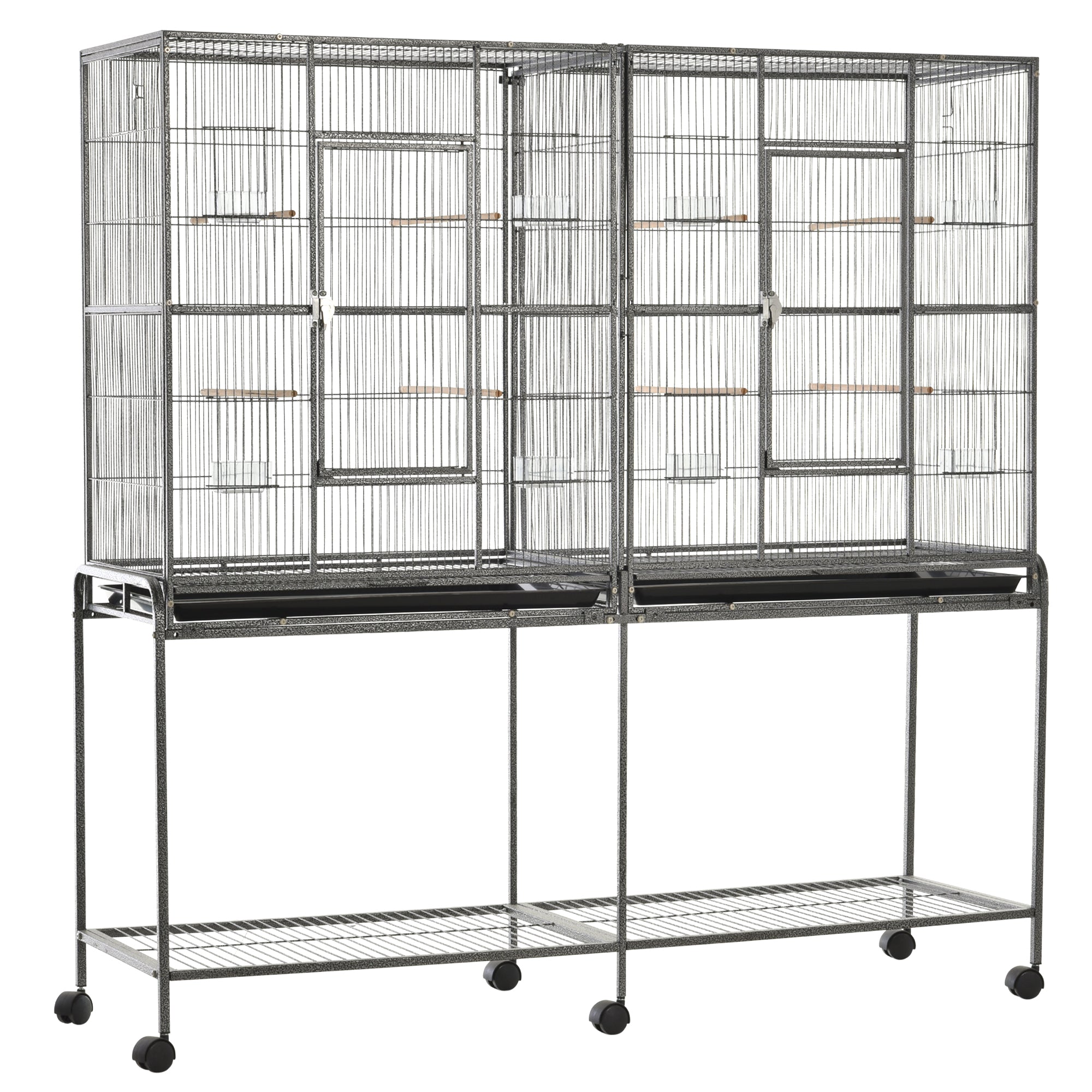 PawHut 64" Extra Large Bird Cage, Rolling Metal Parrot Cage, Bird House with Detachable Rolling Stand, Storage Shelf, Wood Perch, Food Container, 62.8" x 18.9" x 64.2"
