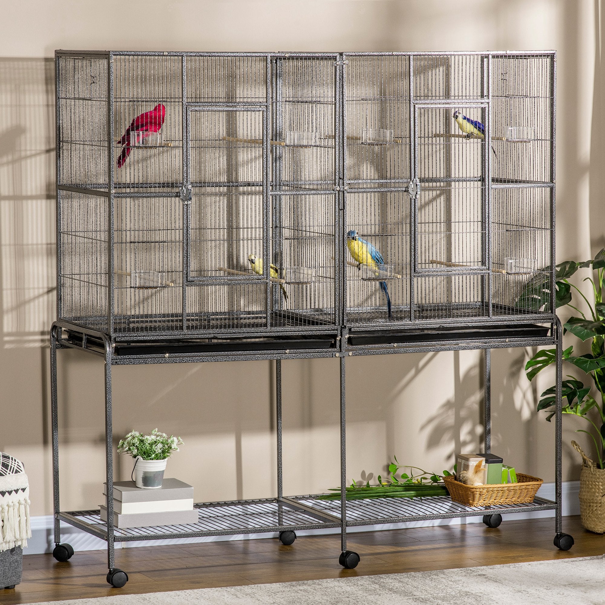 PawHut 64" Extra Large Bird Cage, Rolling Metal Parrot Cage, Bird House with Detachable Rolling Stand, Storage Shelf, Wood Perch, Food Container, 62.8" x 18.9" x 64.2"