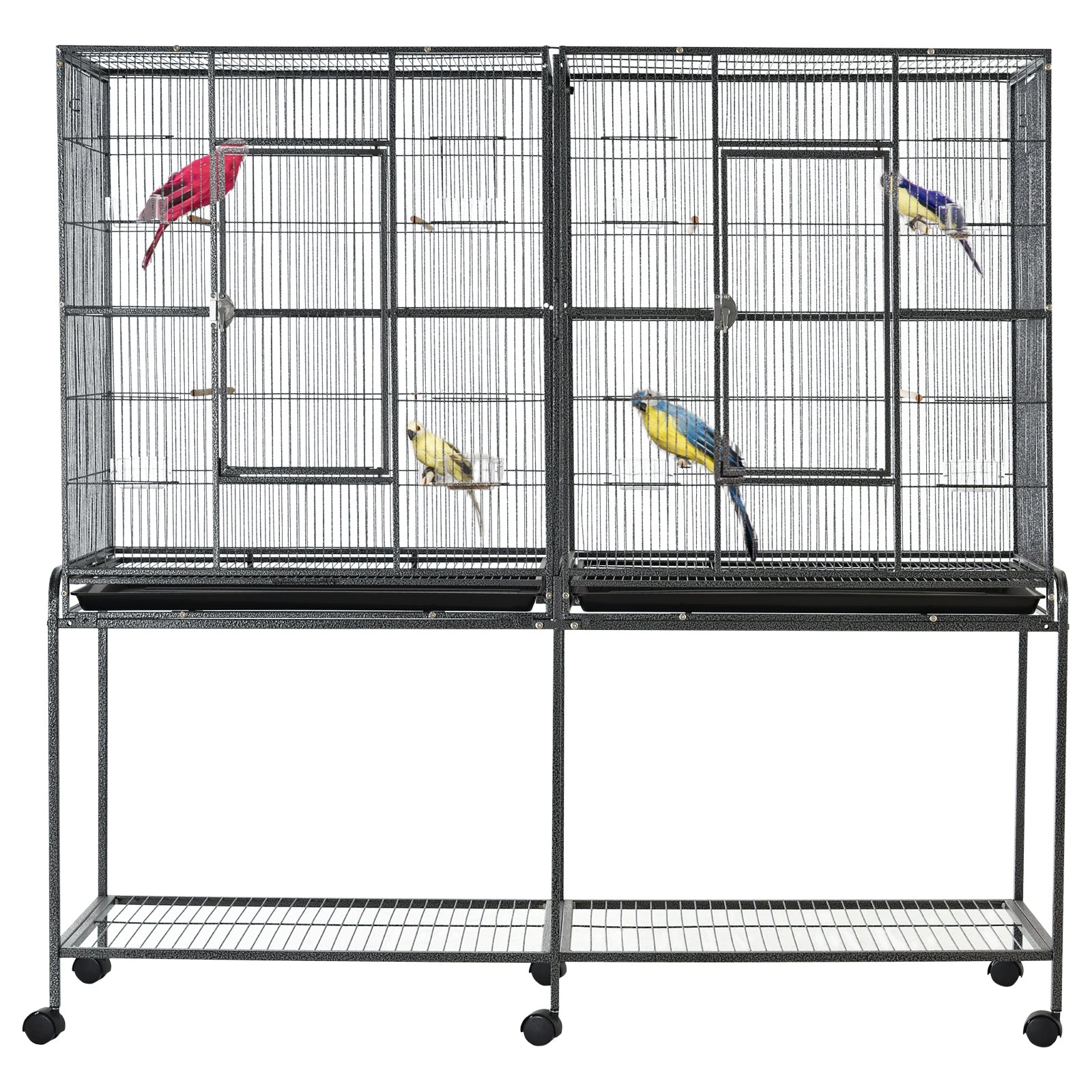 PawHut 64" Extra Large Bird Cage, Rolling Metal Parrot Cage, Bird House with Detachable Rolling Stand, Storage Shelf, Wood Perch, Food Container, 62.8" x 18.9" x 64.2"