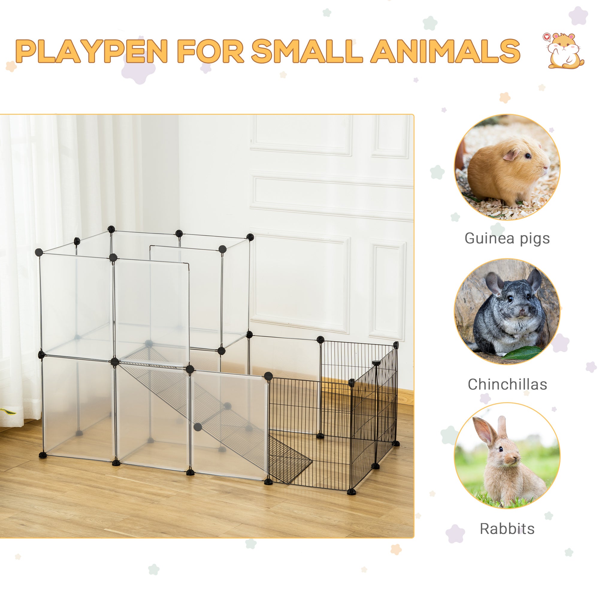 Pawhut Pet Playpen Portable Pet Fence for Small Animals, DIY Plastic Modular Fence for Guinea Pigs, Bunny, Hedgehog