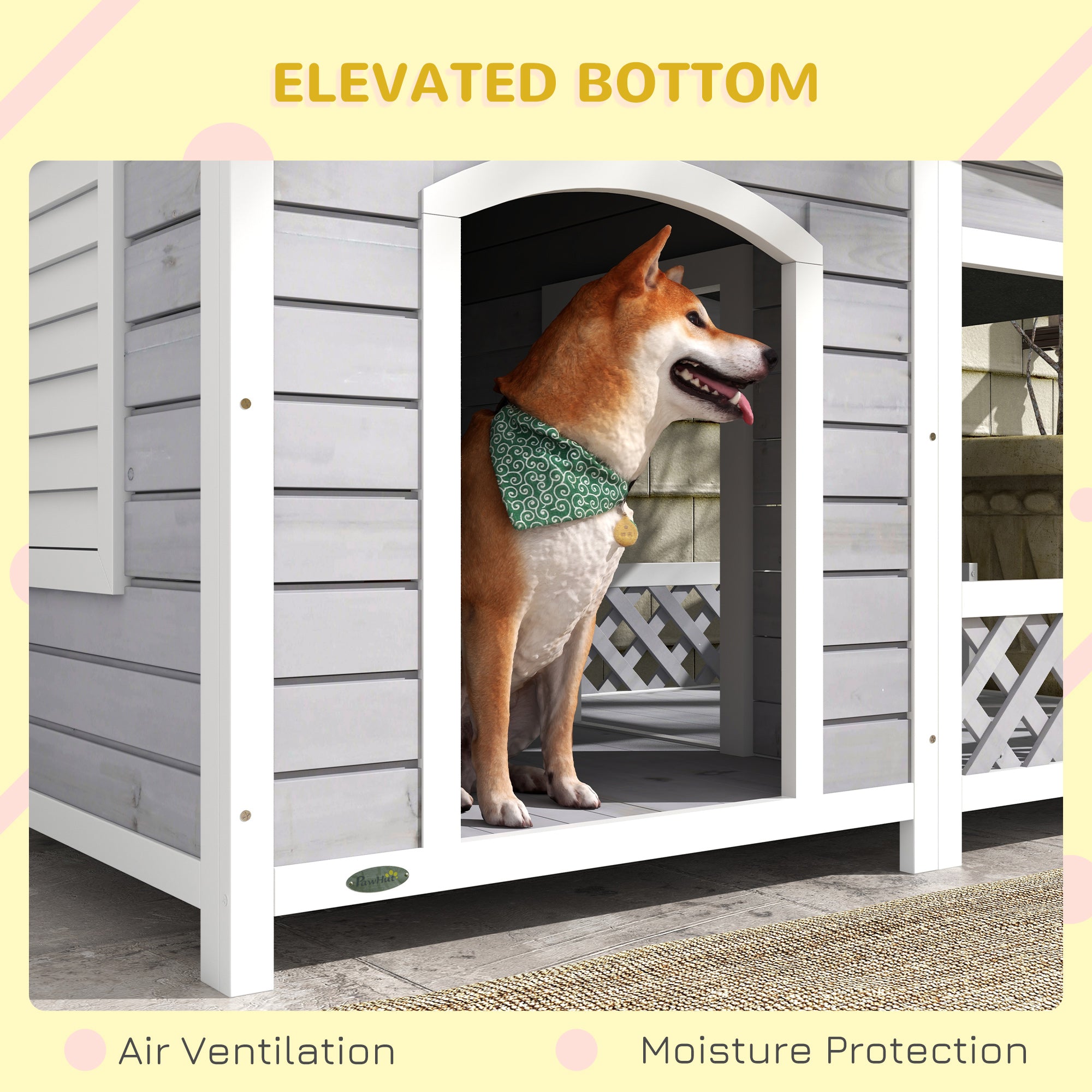 PawHut Wooden Dog House Outdoor with Porch, Cabin Style Raised Dog Shelter with Asphalt Roof, Doors, and Shutter Window, for Medium Large Sized Dog, Light Gray