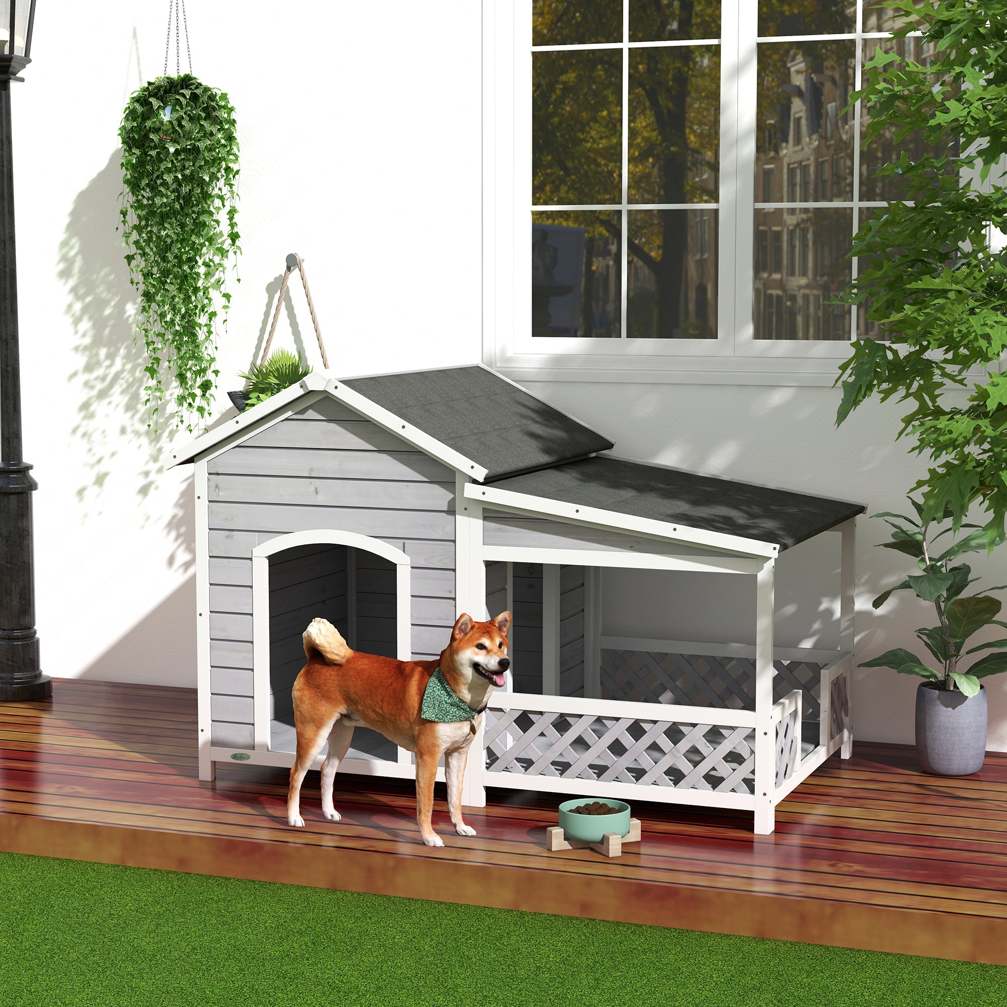 PawHut Wooden Dog House Outdoor with Porch, Cabin Style Raised Dog Shelter with Asphalt Roof, Doors, and Shutter Window, for Medium Large Sized Dog, Light Gray