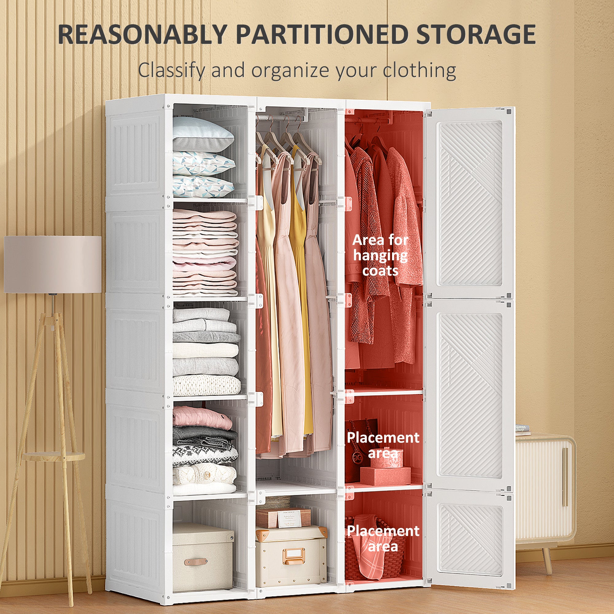 HOMCOM Portable Wardrobe Closet, Folding Wardrobe Cabinet, Clothes Storage Organizer with 8 Cube Compartments, 2 Hanging Rods, 11 Magnet Doors, Easy Assembly, White