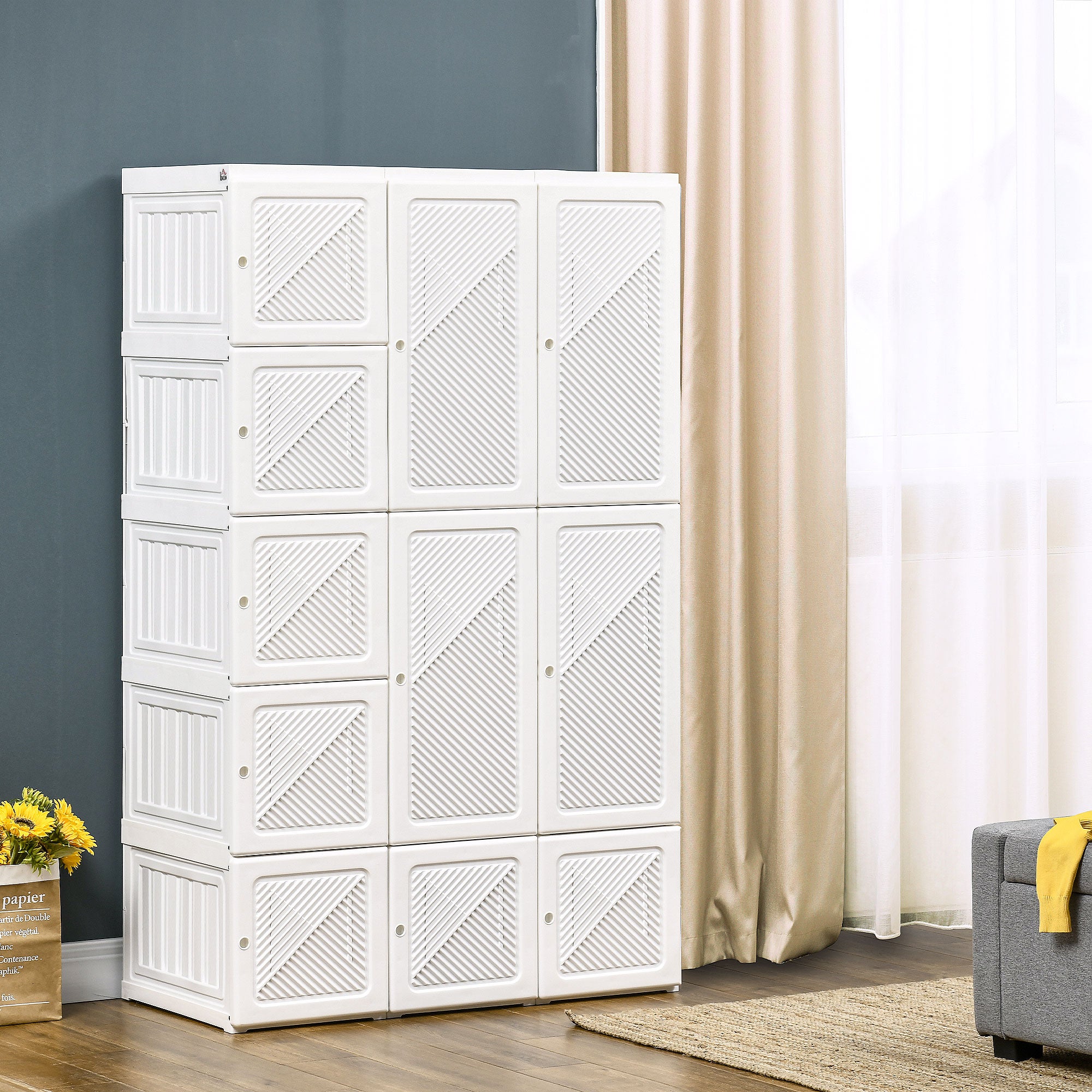 HOMCOM Portable Wardrobe Closet, Folding Wardrobe Cabinet, Clothes Storage Organizer with 8 Cube Compartments, 2 Hanging Rods, 11 Magnet Doors, Easy Assembly, White