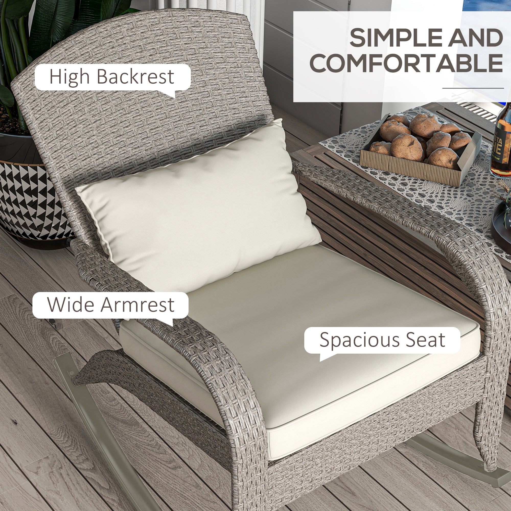 Outsunny Outdoor Wicker Adirondack Rocking Chair, Patio Rattan Rocker Chair with High Back, Seat Cushion and Pillow for Garden, Porch, Balcony, Cream White