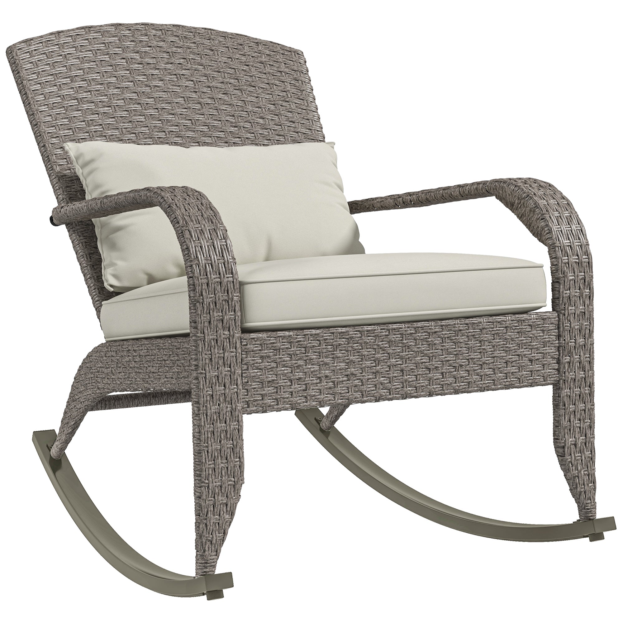 Outsunny Outdoor Wicker Adirondack Rocking Chair, Patio Rattan Rocker Chair with High Back, Seat Cushion and Pillow for Garden, Porch, Balcony, Cream White