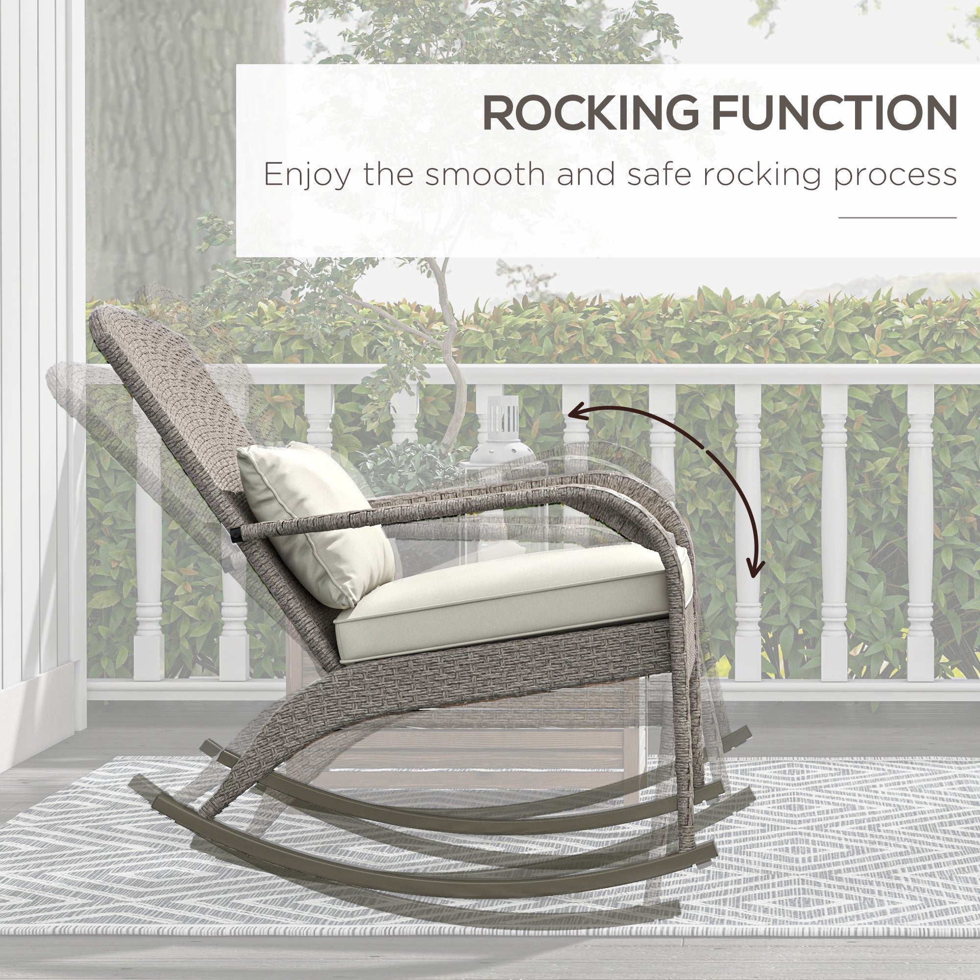 Outsunny Outdoor Wicker Adirondack Rocking Chair, Patio Rattan Rocker Chair with High Back, Seat Cushion and Pillow for Garden, Porch, Balcony, Cream White