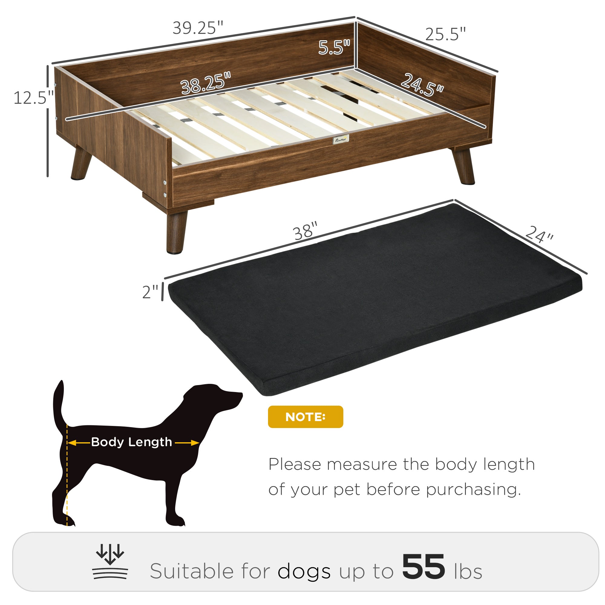 PawHut Elevated Dog Bed with Soft Sponge Cushion, Modern Wood Dog Bed, High and Upraised off of Durable Steel Legs, Coffee Bean, Jet Black