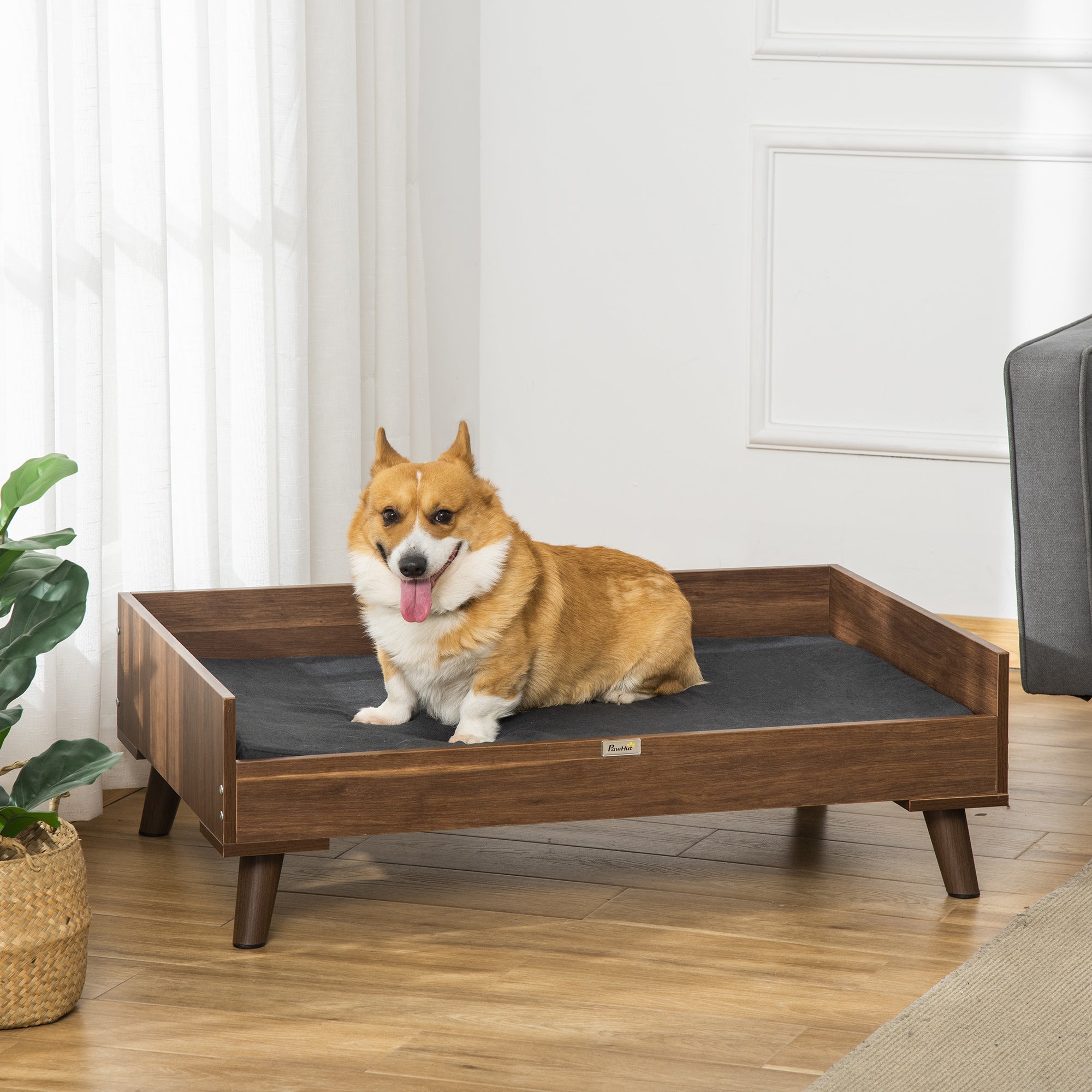 PawHut Elevated Dog Bed with Soft Sponge Cushion, Modern Wood Dog Bed, High and Upraised off of Durable Steel Legs, Coffee Bean, Jet Black