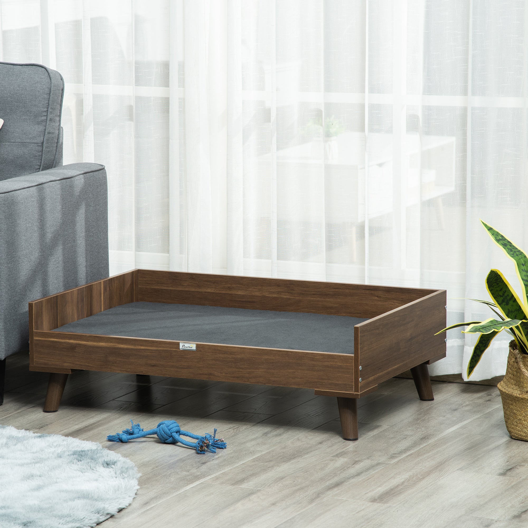 PawHut Elevated Dog Bed with Soft Sponge Cushion, Modern Wood Dog Bed, High and Upraised off of Durable Steel Legs, Coffee Bean, Jet Black