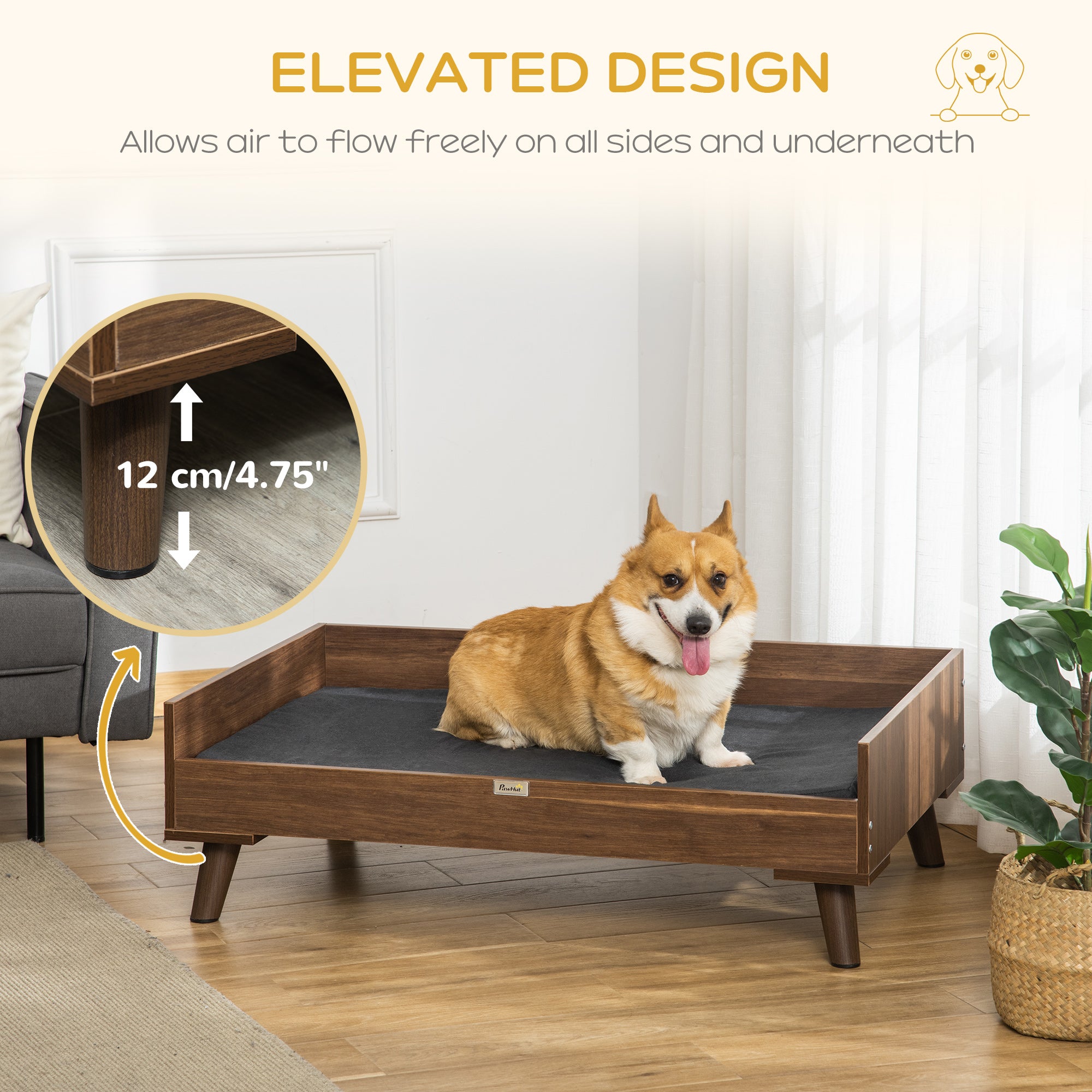 PawHut Elevated Dog Bed with Soft Sponge Cushion, Modern Wood Dog Bed, High and Upraised off of Durable Steel Legs, Coffee Bean, Jet Black