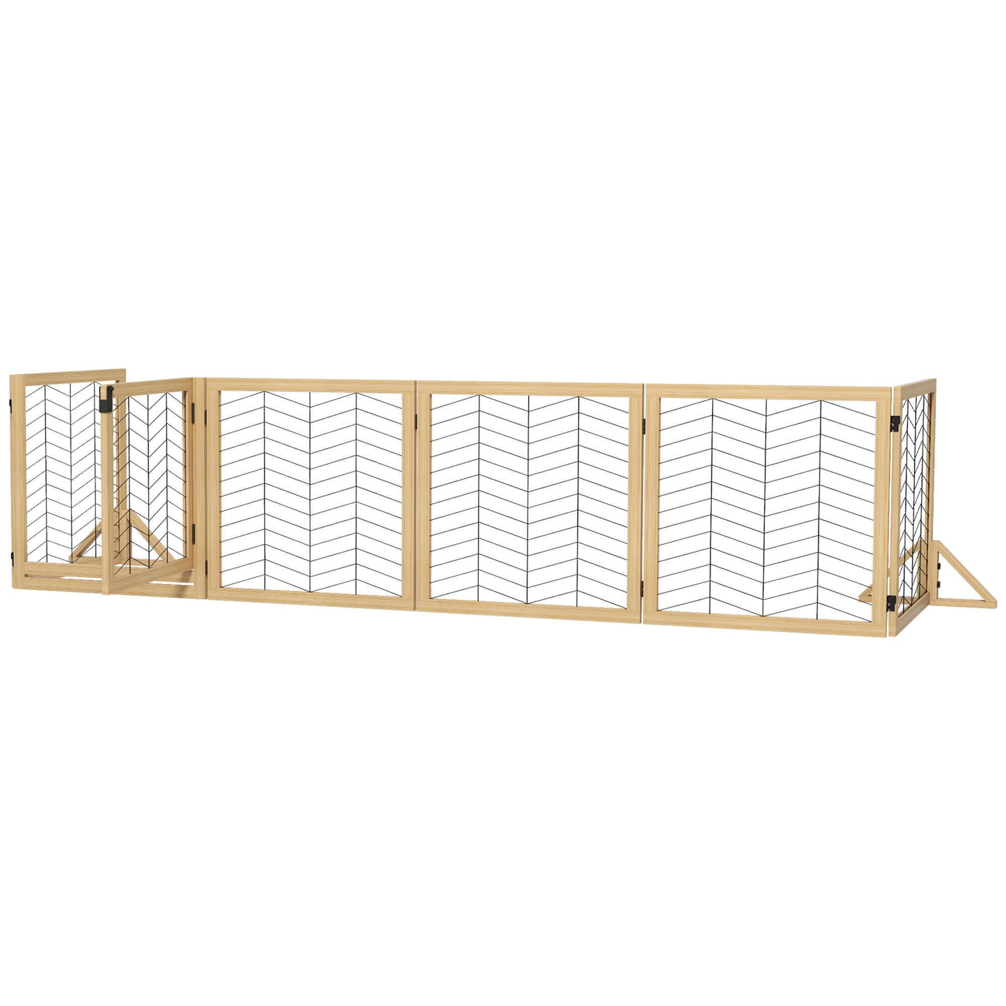 PawHut Freestanding Pet Gate, 8 Panels Dog Playpen, Foldable Dog Barrier with 2 Pcs Support Feet, for House, Doorway, Stairs, Small and Medium Dogs - Natural Wood
