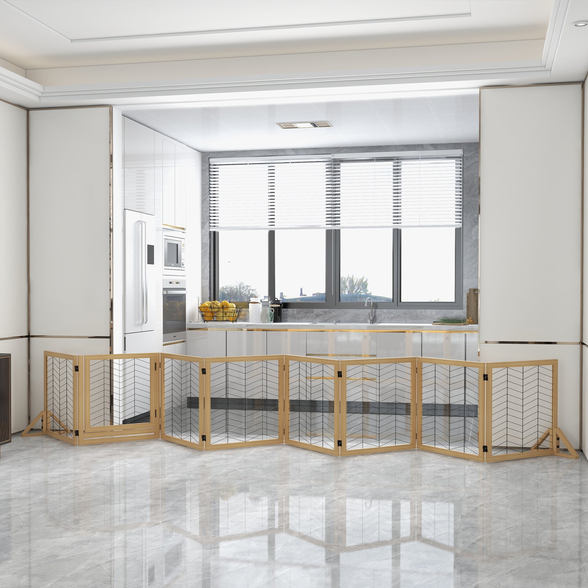PawHut Freestanding Pet Gate, 8 Panels Dog Playpen, Foldable Dog Barrier with 2 Pcs Support Feet, for House, Doorway, Stairs, Small and Medium Dogs - Natural Wood