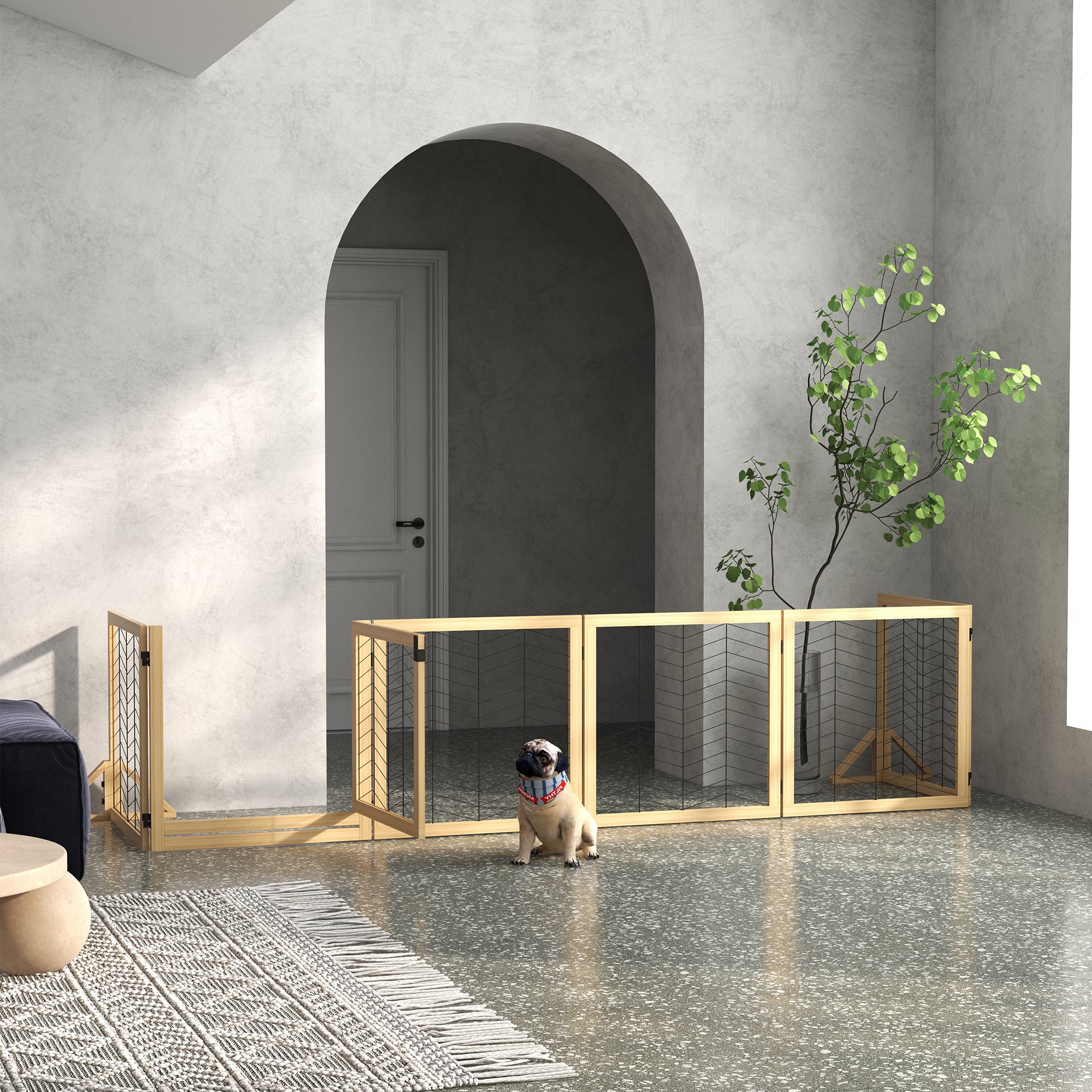 PawHut Freestanding Pet Gate, 8 Panels Dog Playpen, Foldable Dog Barrier with 2 Pcs Support Feet, for House, Doorway, Stairs, Small and Medium Dogs - Natural Wood