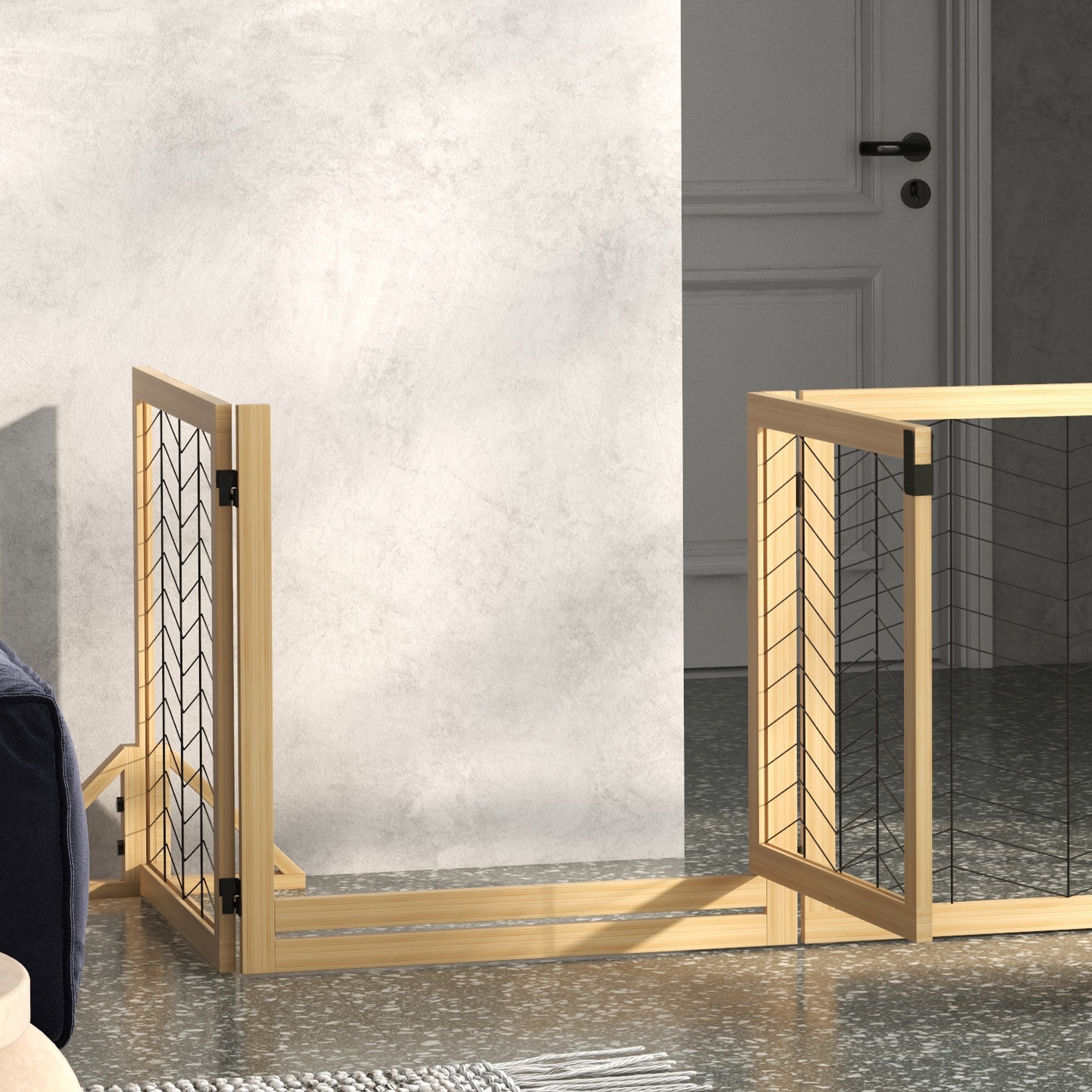 PawHut Freestanding Pet Gate, 8 Panels Dog Playpen, Foldable Dog Barrier with 2 Pcs Support Feet, for House, Doorway, Stairs, Small and Medium Dogs - Natural Wood