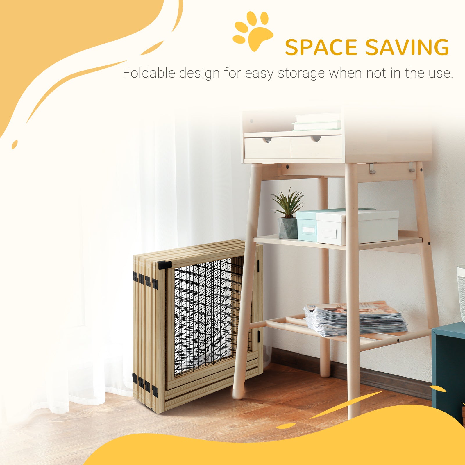 PawHut Freestanding Pet Gate, 8 Panels Dog Playpen, Foldable Dog Barrier with 2 Pcs Support Feet, for House, Doorway, Stairs, Small and Medium Dogs - Natural Wood