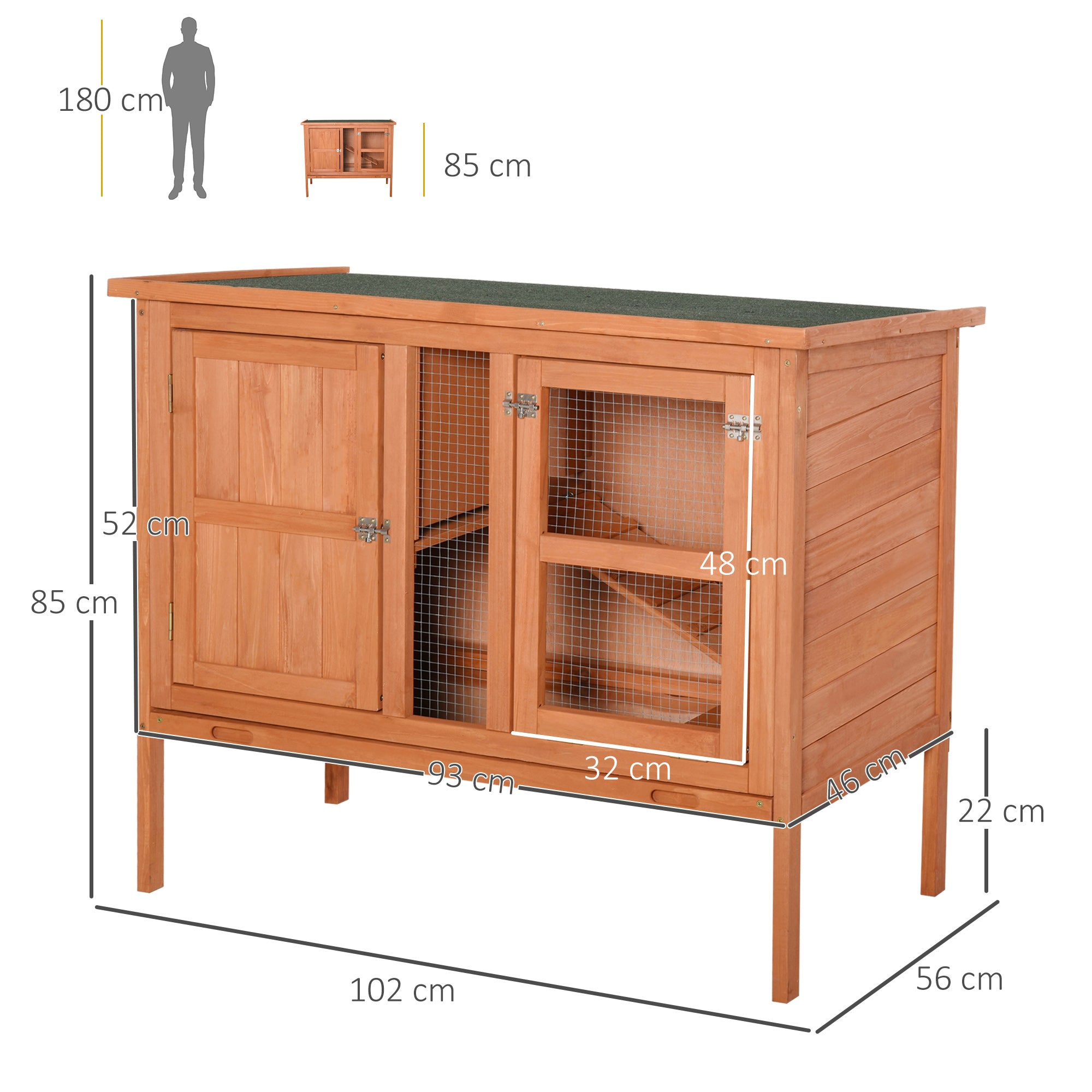 PawHut Wooden Rabbit Hutch Guinea Pigs Cage Elevated Pet House Bunny Cage Slide Out Tray Openable Roof 102 x 56 x 85cm