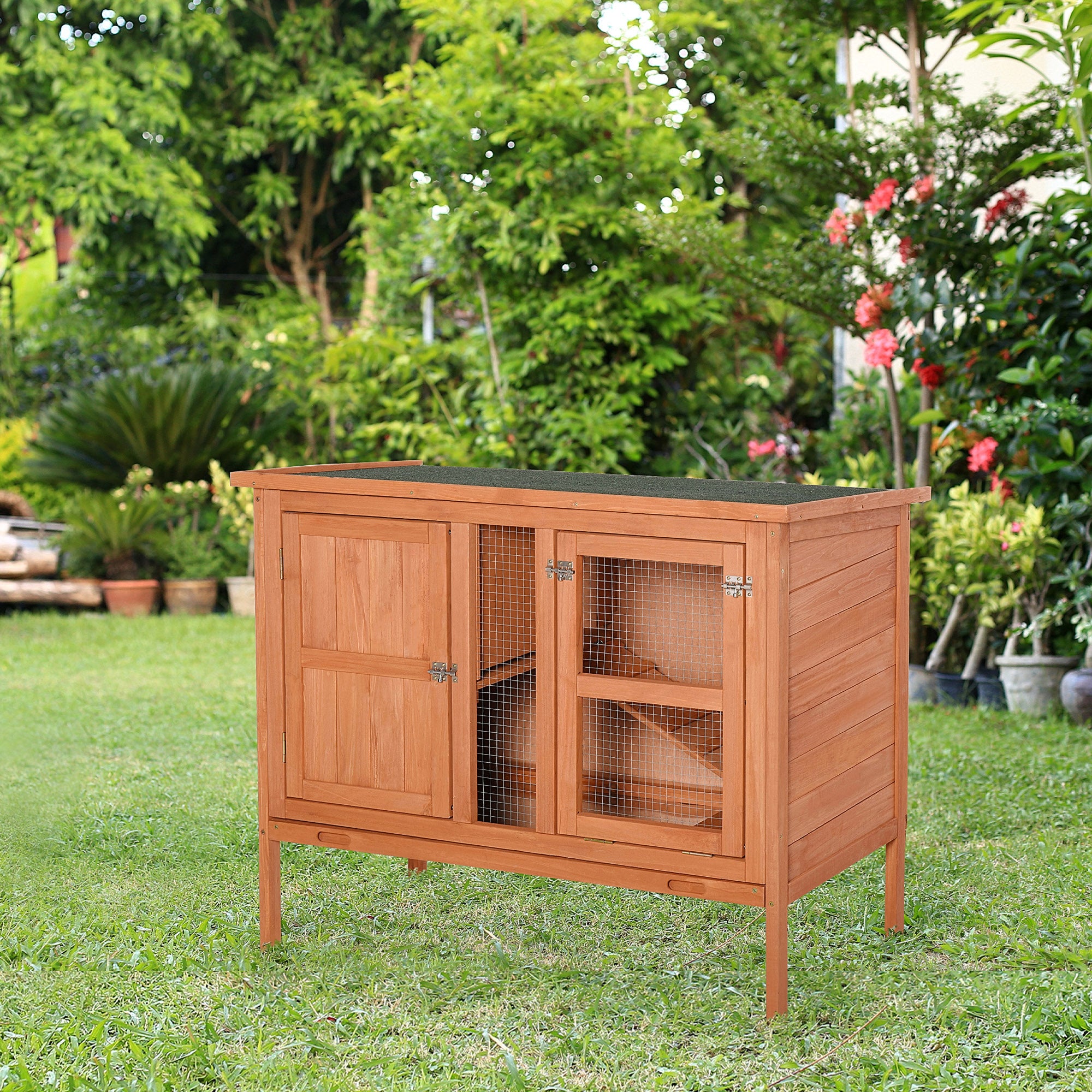 PawHut Wooden Rabbit Hutch Guinea Pigs Cage Elevated Pet House Bunny Cage Slide Out Tray Openable Roof 102 x 56 x 85cm
