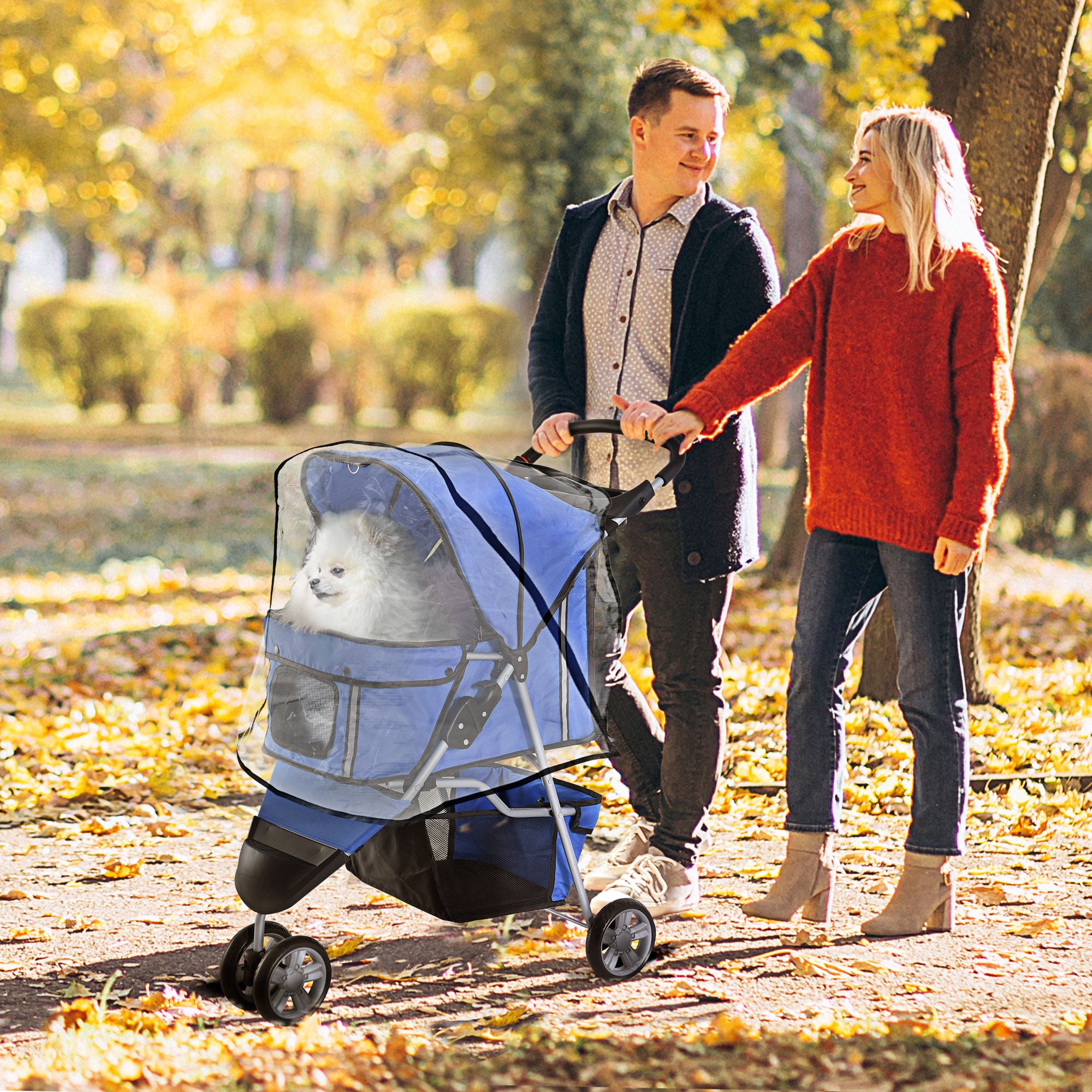PawHut Dog Stroller with Cover for Small Miniature Dogs, Folding Cat Pram Dog Pushchair with Cup Holder, Storage Basket, Reflective Strips, Blue