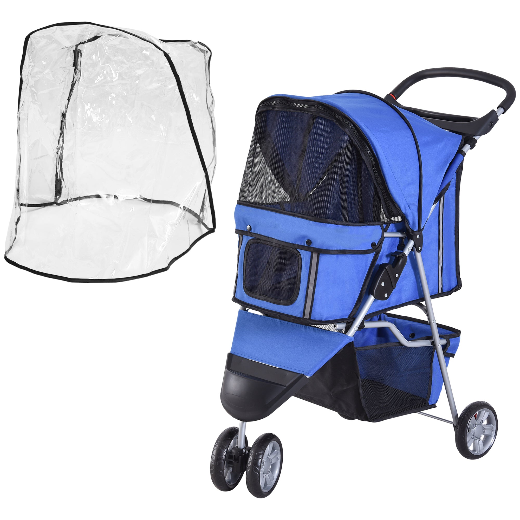 PawHut Dog Stroller with Cover for Small Miniature Dogs, Folding Cat Pram Dog Pushchair with Cup Holder, Storage Basket, Reflective Strips, Blue