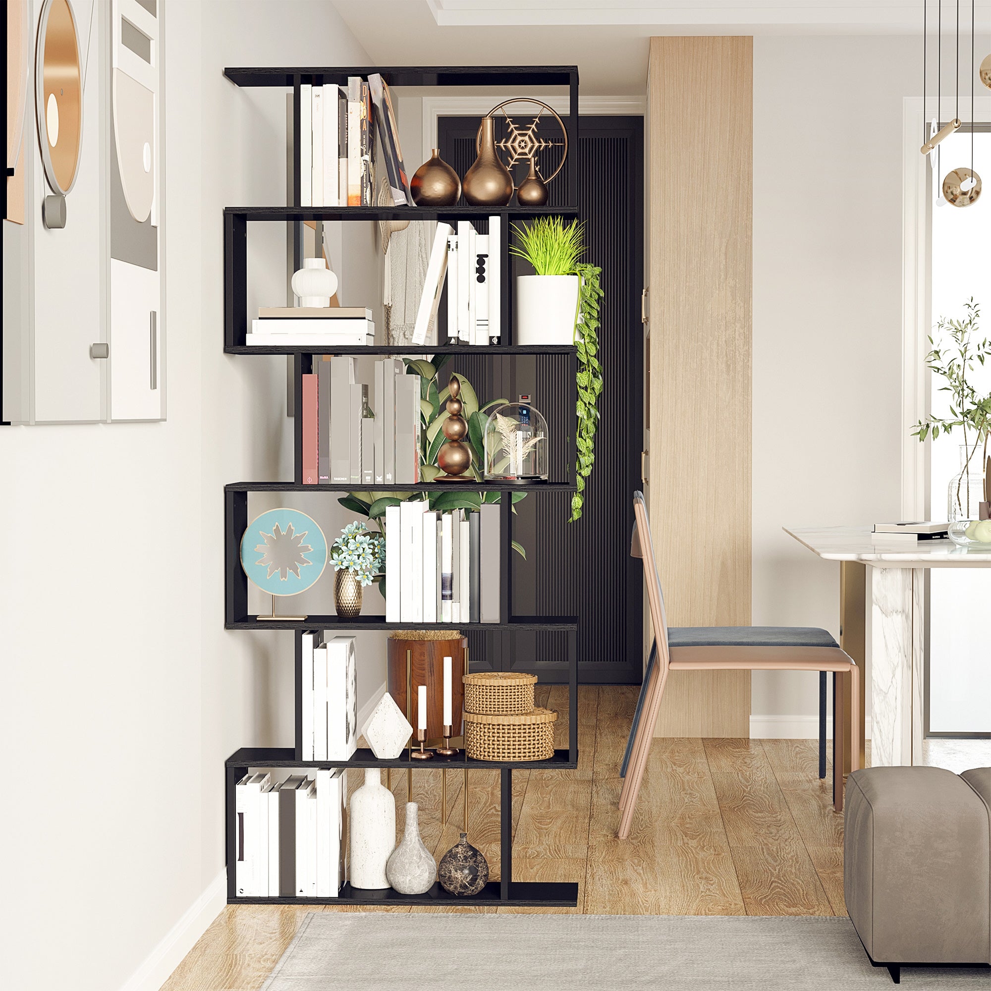 HOMCOM 6-Tiers Geometric Wooden Bookcase, Storage Display Bookshelf, S-Shaped Unit Home Divider Office Furniture, Black