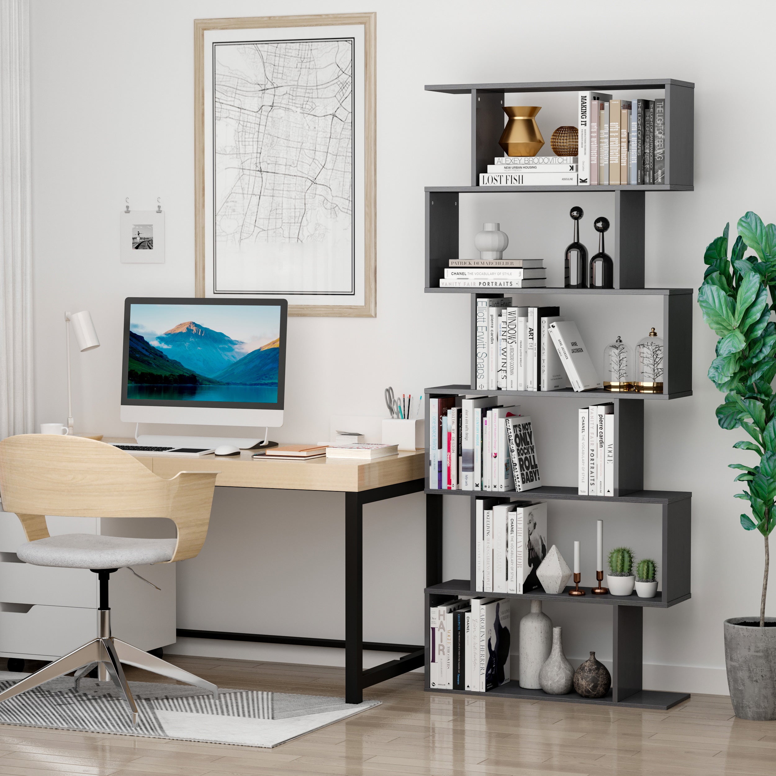 HOMCOM 6-Tiers Geometric Wooden Bookcase, Storage Display Bookshelf, S-Shaped Unit Home Divider Office Furniture, Black