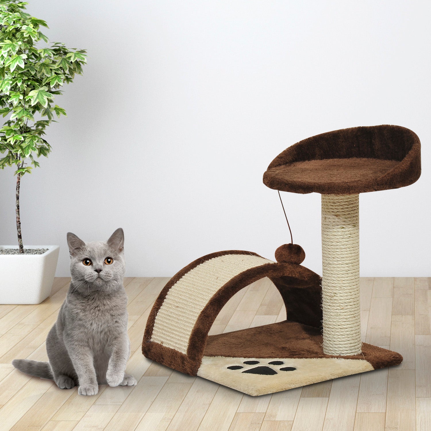 PawHut Cat Tree Scratching Scratcher Post Kitten Activity Centre Climber Hanging Ball Brown