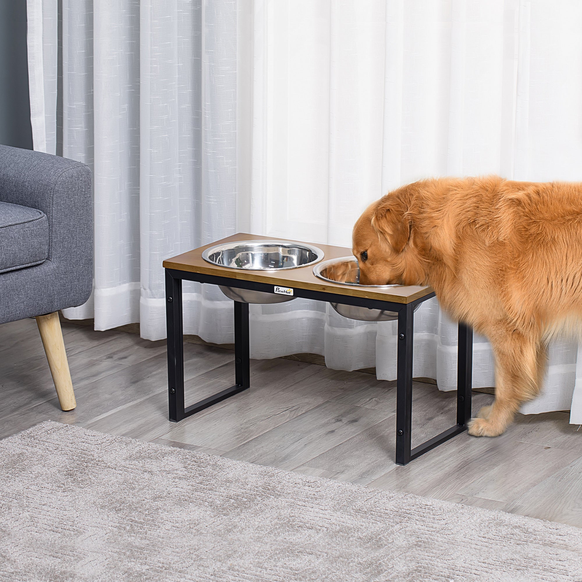 PawHut Elevated Dog Bowls with Stand, Raised Dog Feeder for Large Sized Dogs, Oak