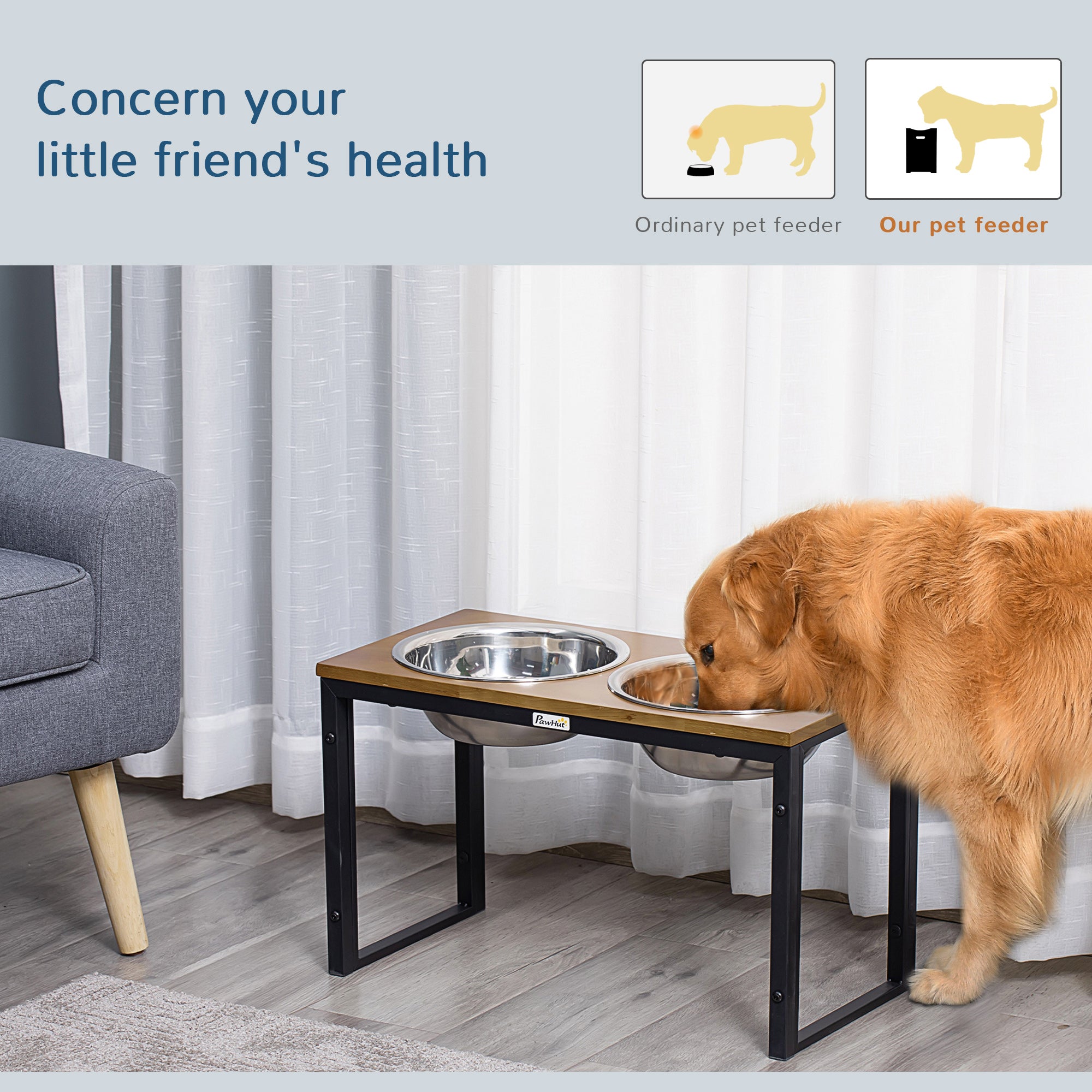 PawHut Raised Dog Bowls with Stand, Dog Feeding Station, for Large, Medium Dogs - Oak Tone