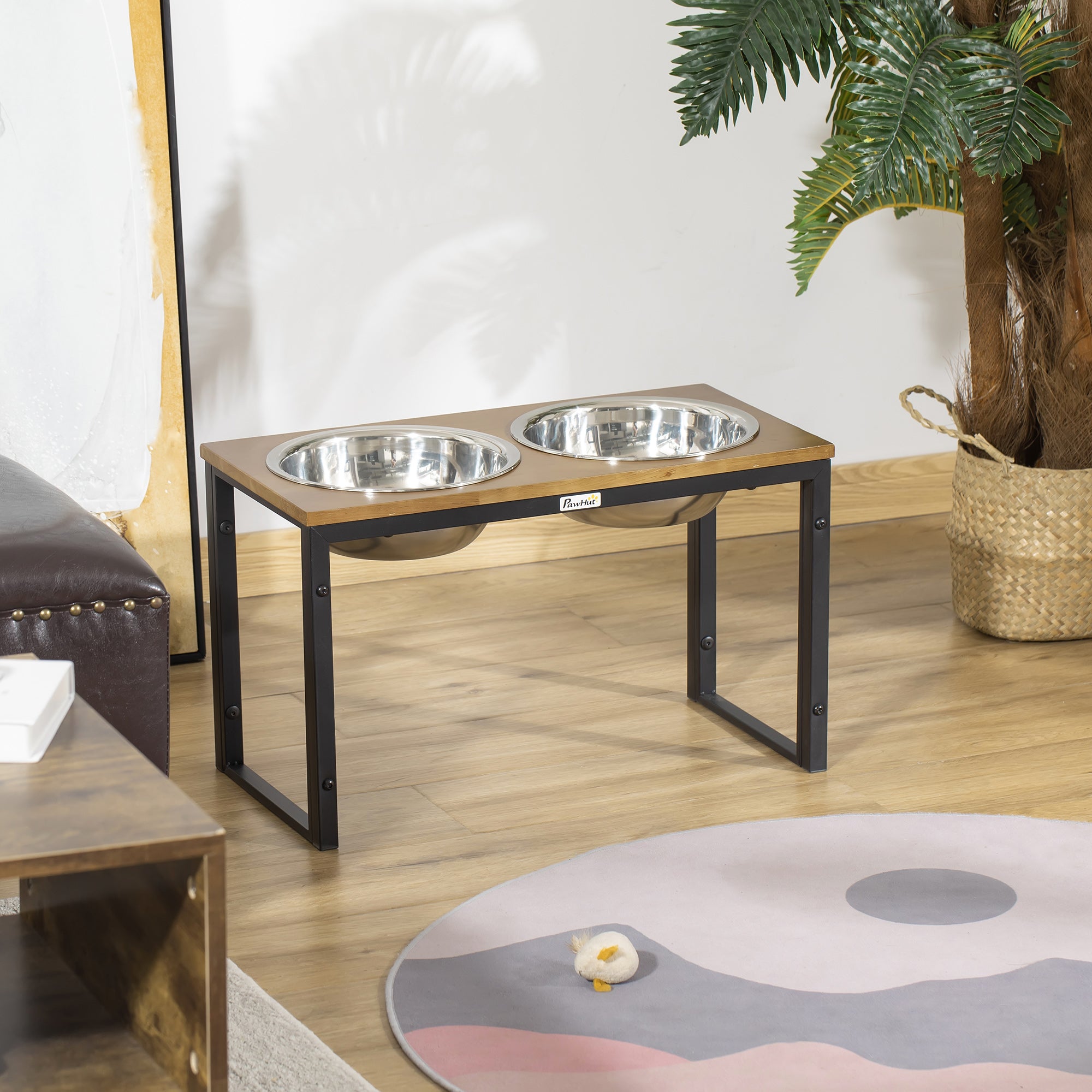 PawHut Raised Dog Bowls with Stand, Dog Feeding Station, for Large, Medium Dogs - Oak Tone
