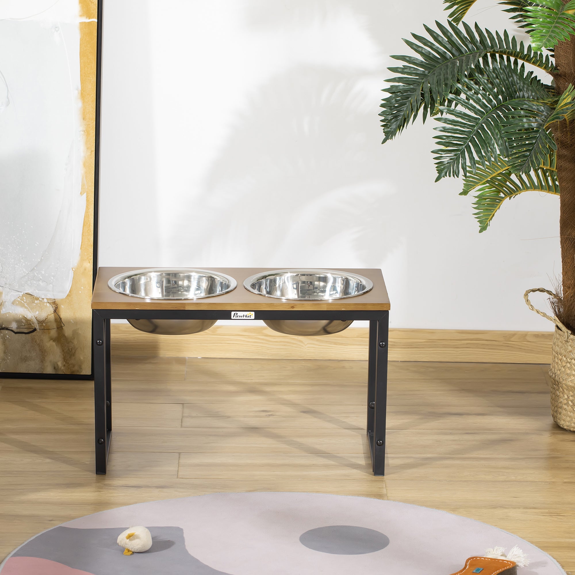 PawHut Raised Dog Bowls with Stand, Dog Feeding Station, for Large, Medium Dogs - Oak Tone