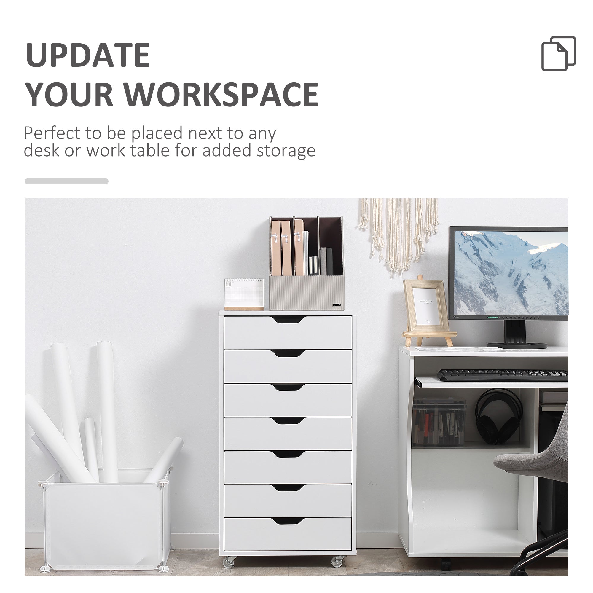 Vinsetto Vertical Filing Cabinet, 7-drawer File Cabinet, Mobile Office Storage Cabinet with Wheels for Home Office, White