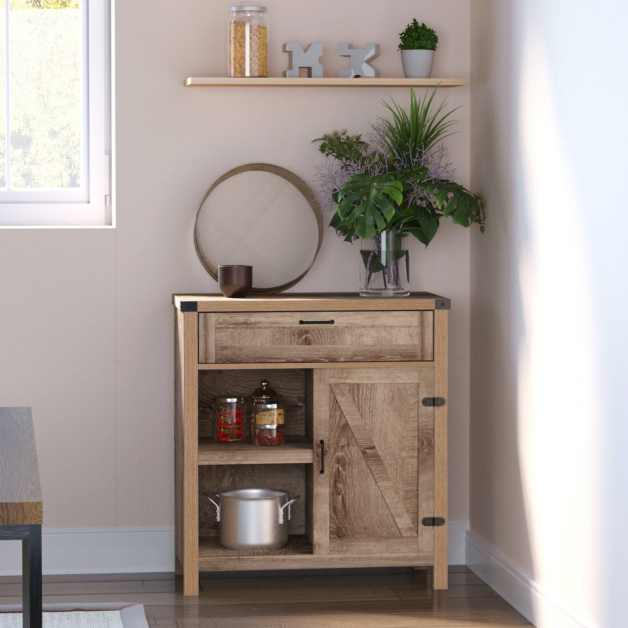 HOMCOM Farmhouse Sideboard Buffet Cabinet, Rustic Barn Door Kitchen Cabinet, Accent Cabinet with Storage for Living Room,Light Oak