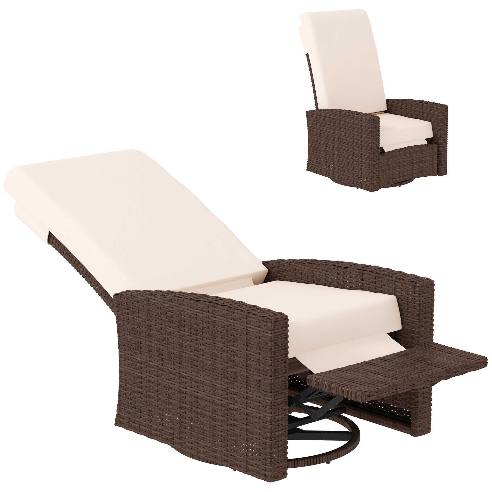 Outsunny PE Rattan Outdoor Swivel Chair with 360° Swivel, Wicker Patio Chair with Footrest, Soft Cushion and Armrest for Patio, Garden, Backyard, Cream White