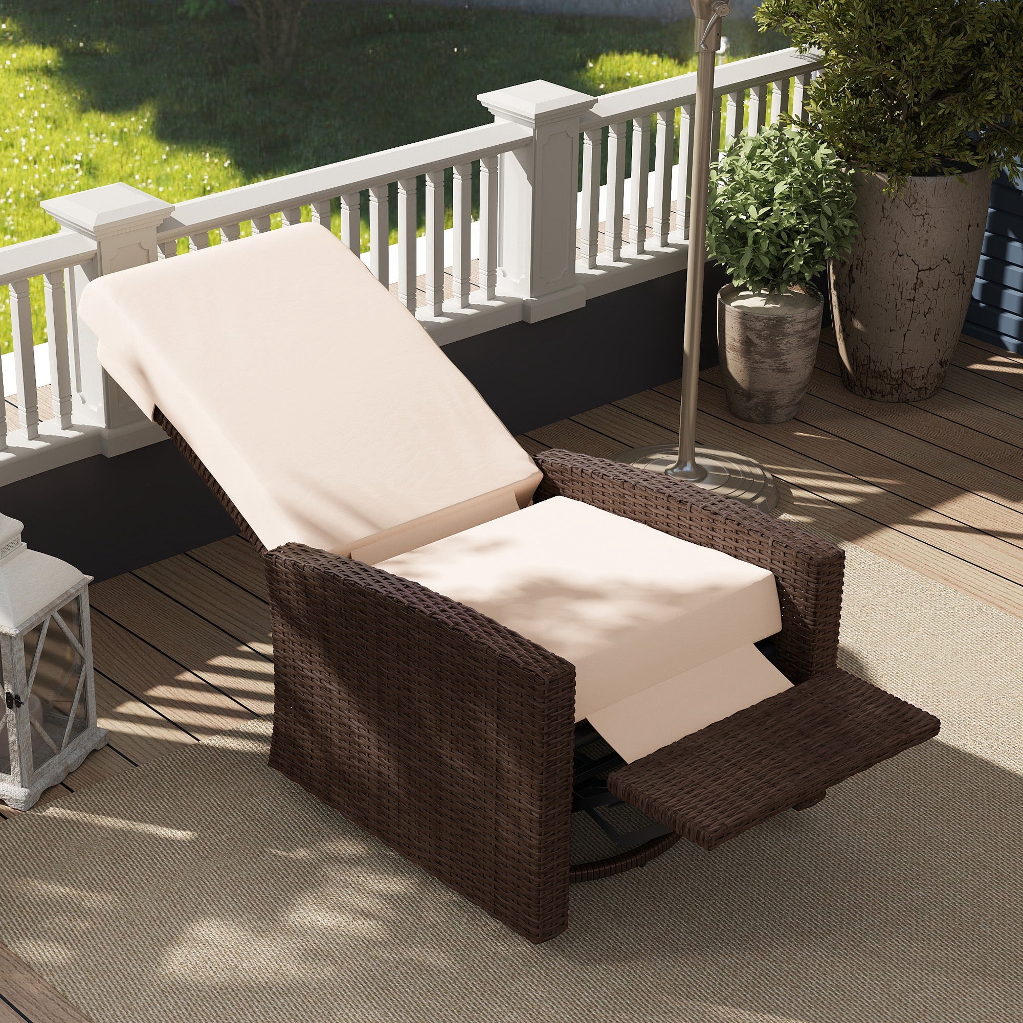 Outsunny PE Rattan Outdoor Swivel Chair with 360° Swivel, Wicker Patio Chair with Footrest, Soft Cushion and Armrest for Patio, Garden, Backyard, Cream White