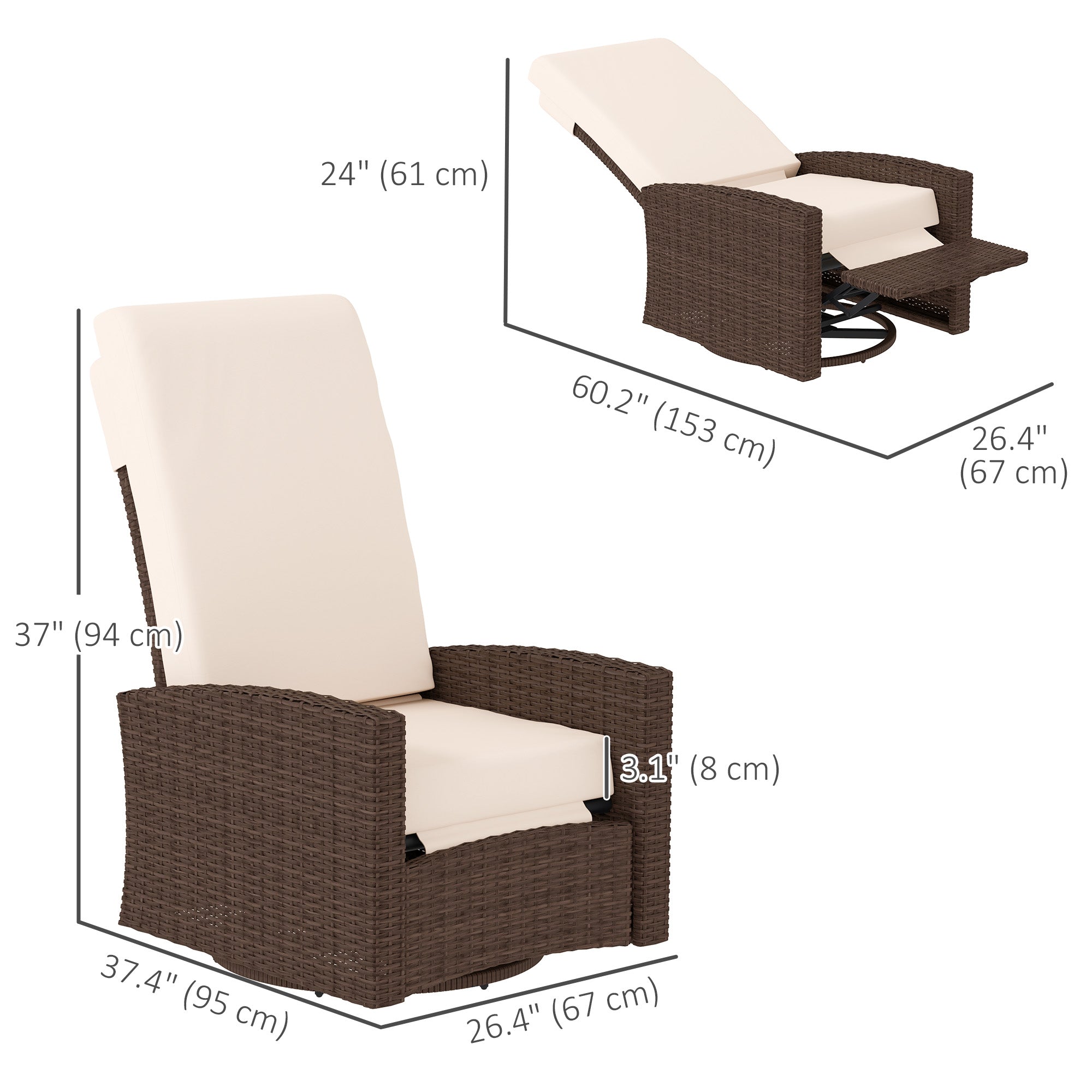 Outsunny PE Rattan Outdoor Swivel Chair with 360° Swivel, Wicker Patio Chair with Footrest, Soft Cushion and Armrest for Patio, Garden, Backyard, Cream White