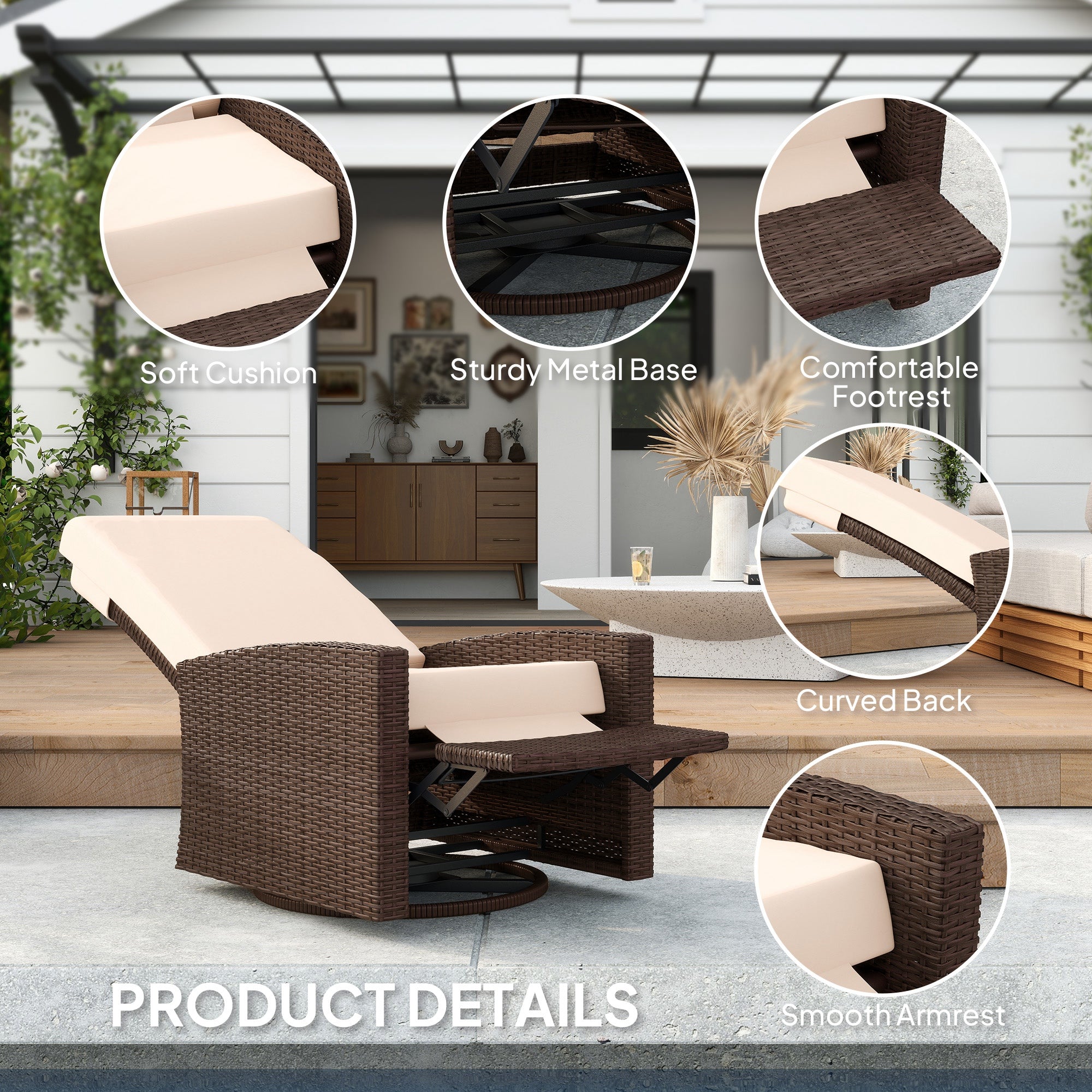 Outsunny PE Rattan Outdoor Swivel Chair with 360° Swivel, Wicker Patio Chair with Footrest, Soft Cushion and Armrest for Patio, Garden, Backyard, Cream White