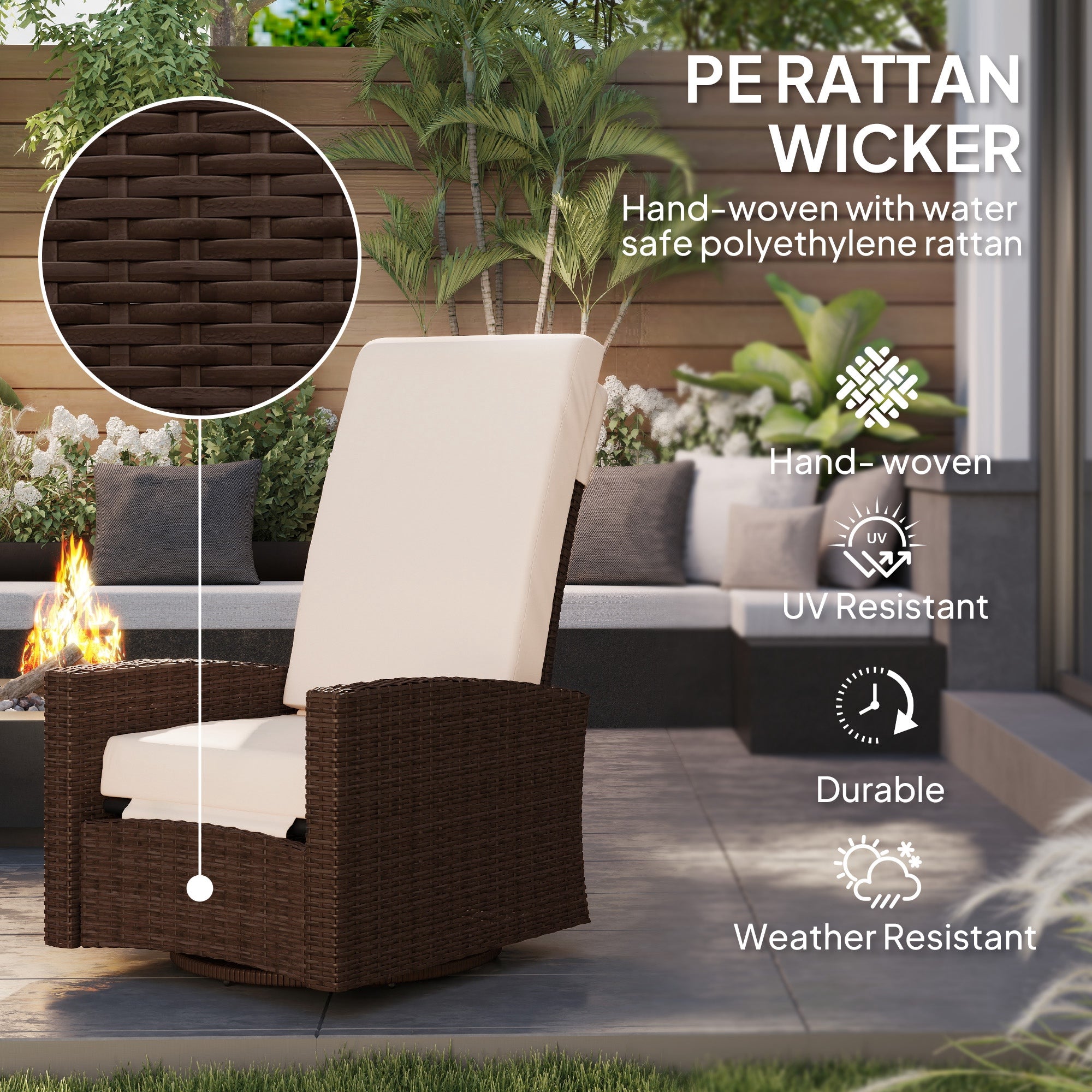 Outsunny PE Rattan Outdoor Swivel Chair with 360° Swivel, Wicker Patio Chair with Footrest, Soft Cushion and Armrest for Patio, Garden, Backyard, Cream White