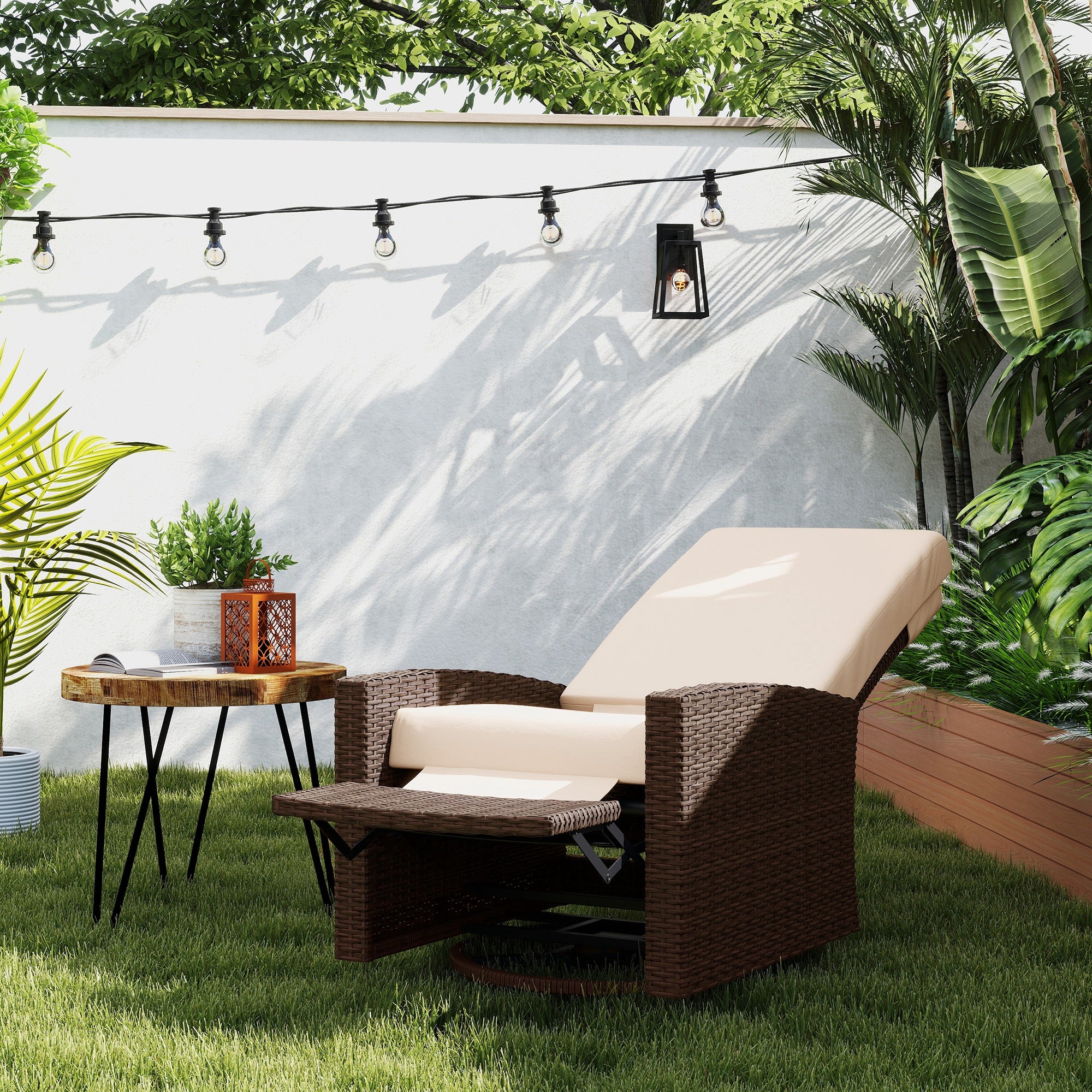 Outsunny PE Rattan Outdoor Swivel Chair with 360° Swivel, Wicker Patio Chair with Footrest, Soft Cushion and Armrest for Patio, Garden, Backyard, Cream White